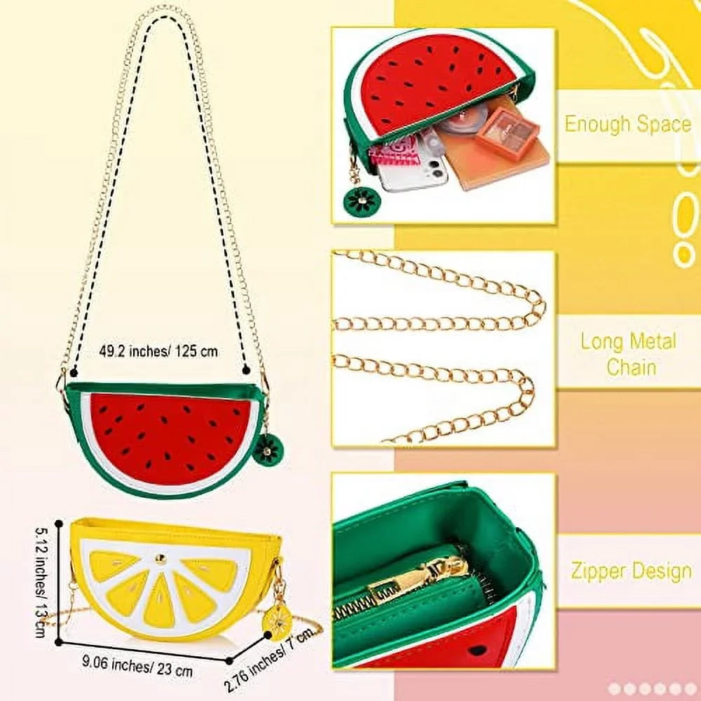 Set of 4 Fruit Shoulder Bag Lemon Watermelon Shape Shoulder Bag Pineapple Strawberry Crossbody Purse Bag Cute Novelty Fruit Shoulder Mini Bag Purse Wallet for Women Girl Gift
