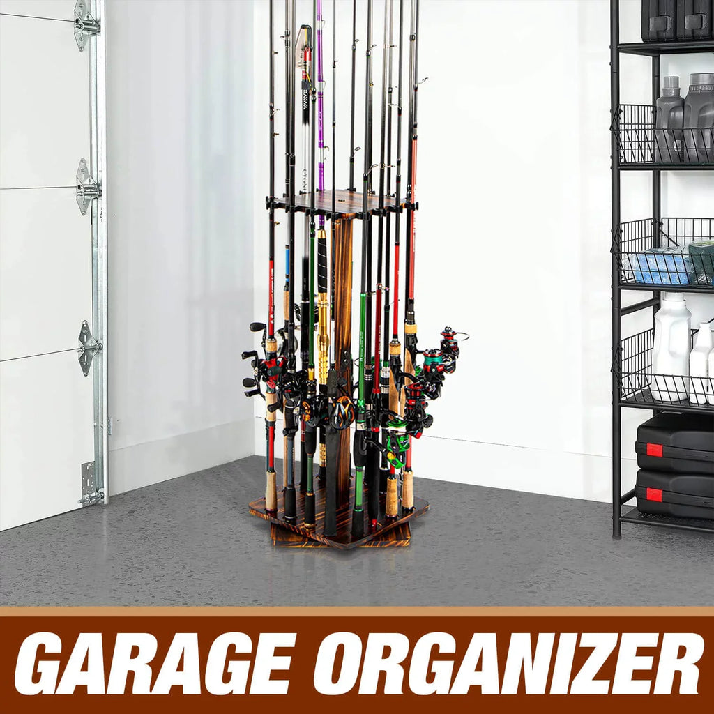 Ghosthorn Fishing Rod Pole Holders for Garage 360 Degree Rotating , Holds up to 16 Rods Wood Fishing Gifts for Men