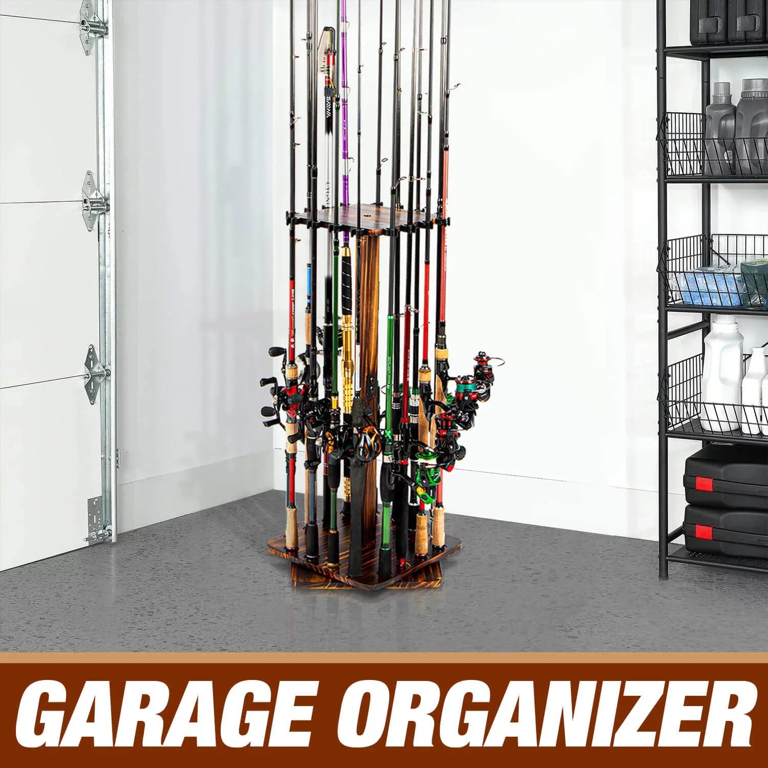 Ghosthorn Fishing Rod Pole Holders for Garage 360 Degree Rotating , Holds up to 16 Rods Wood Fishing Gifts for Men