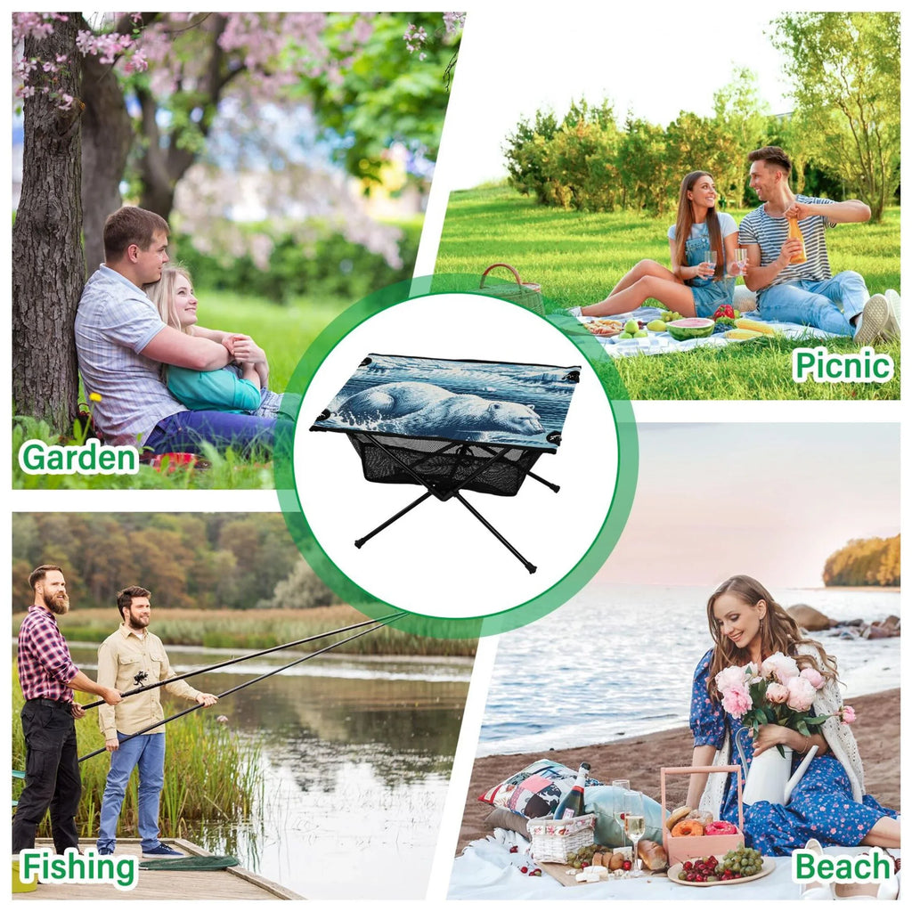 Polar Bear Swimming Camping Folding Table Portable Beach Table with Storage Bag Compact Picnic Table for Outdoor Travel Fishing BBQ