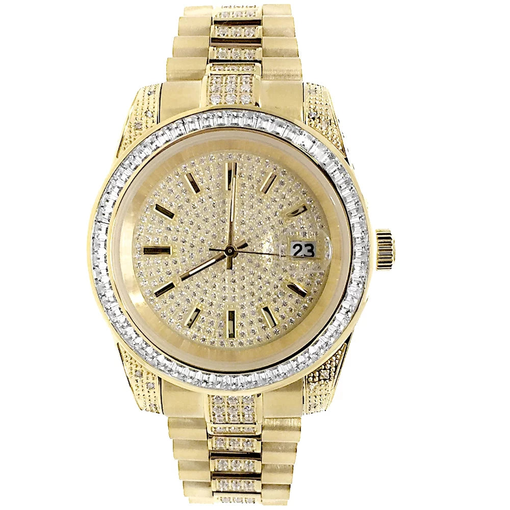 Unisex 18k Yellow Gold Finish Stainless Steel Simulated Diamond Presidential Watch 41MM New Tarnish Free