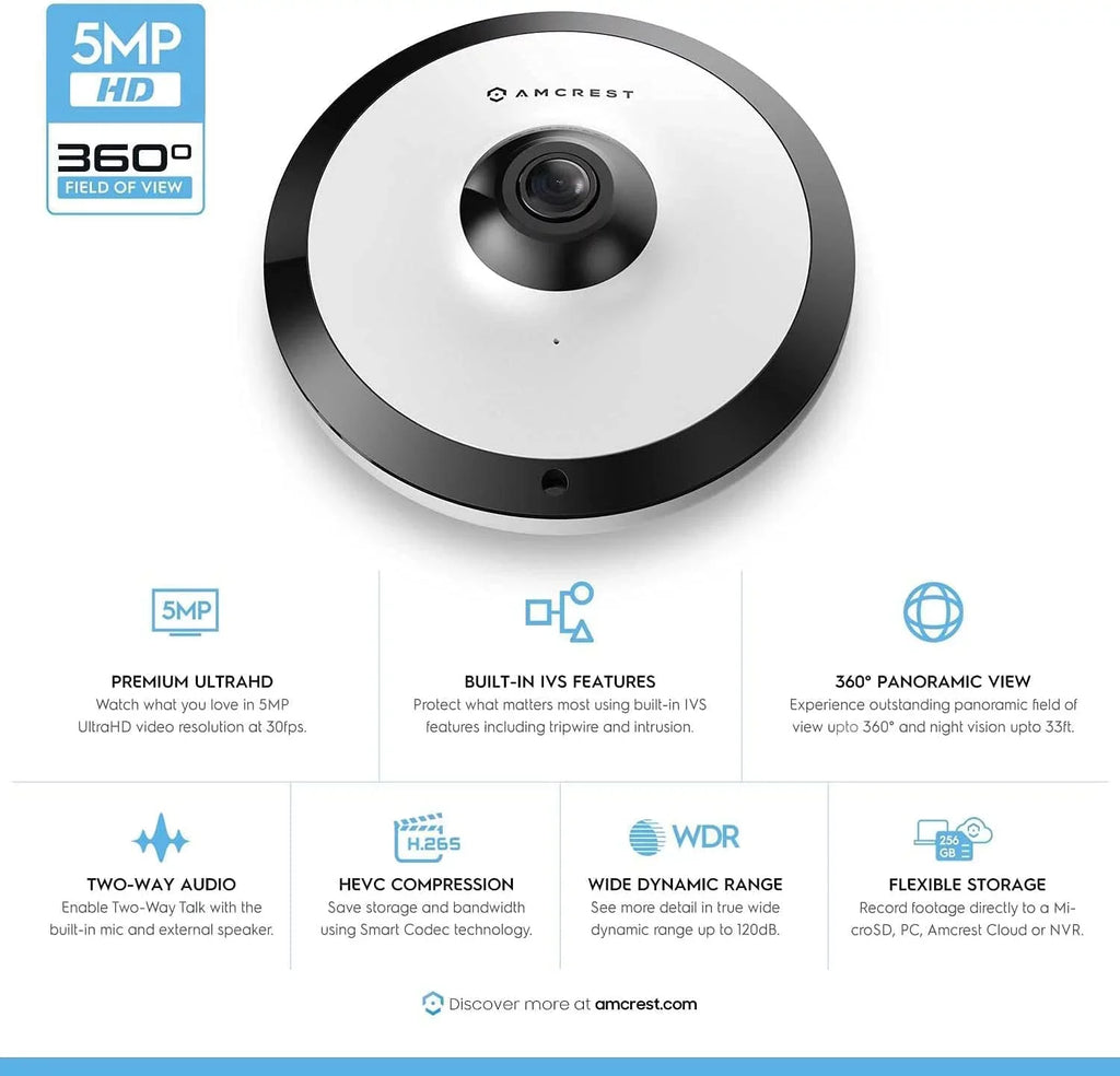 Amcrest 5-Megapixel Fisheye Camera, UltraHD Security PoE Camera Indoor, 1.4mm Lens, 33ft Nightvision, 360° Panoramic Camera Shield Cloud and MicroSD Recording, IP5M-F1180EW (White)
