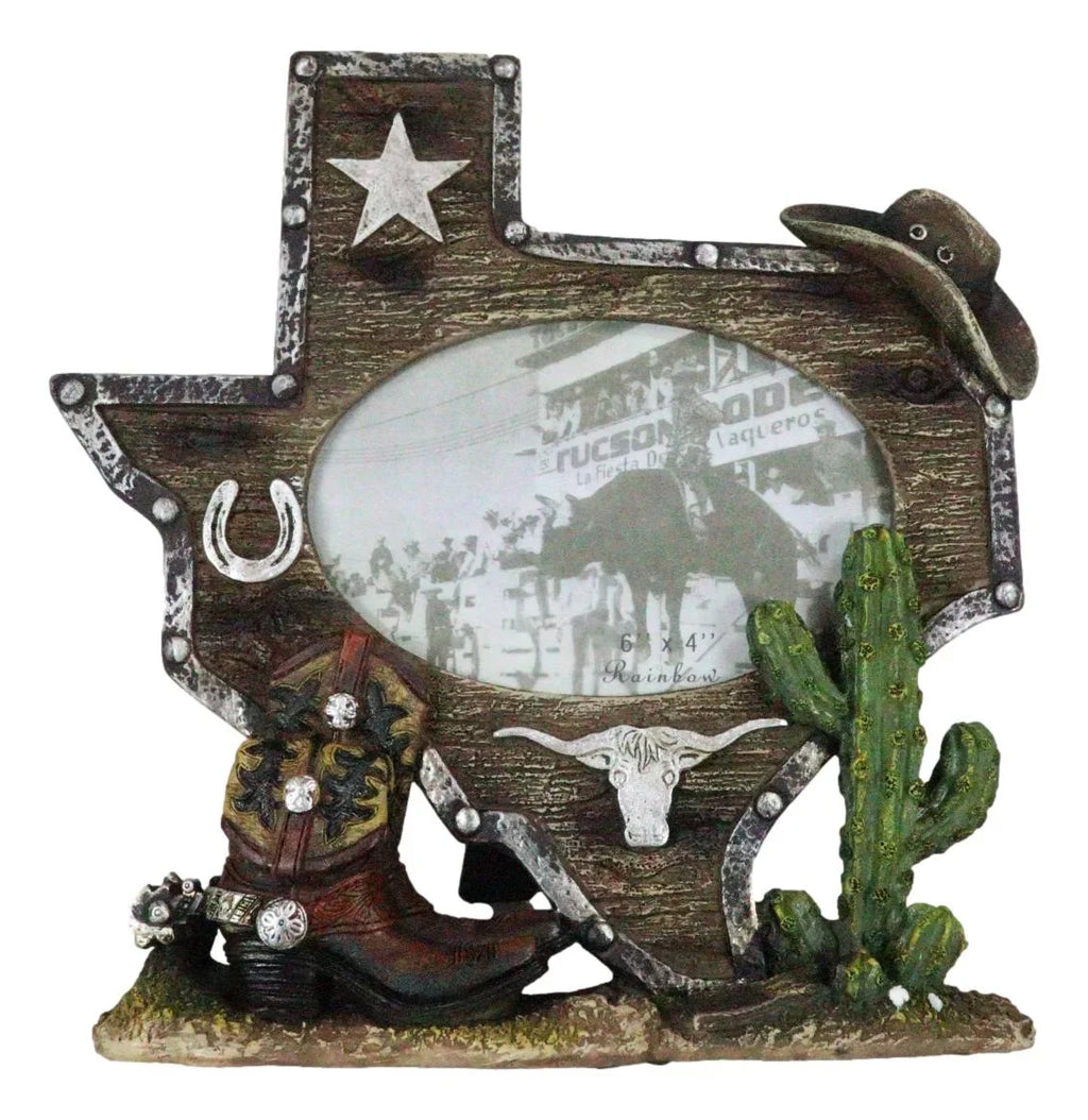 Rustic Western Texas State Map Cowboy Boot Longhorn Cactus Picture Frame 4"X6"