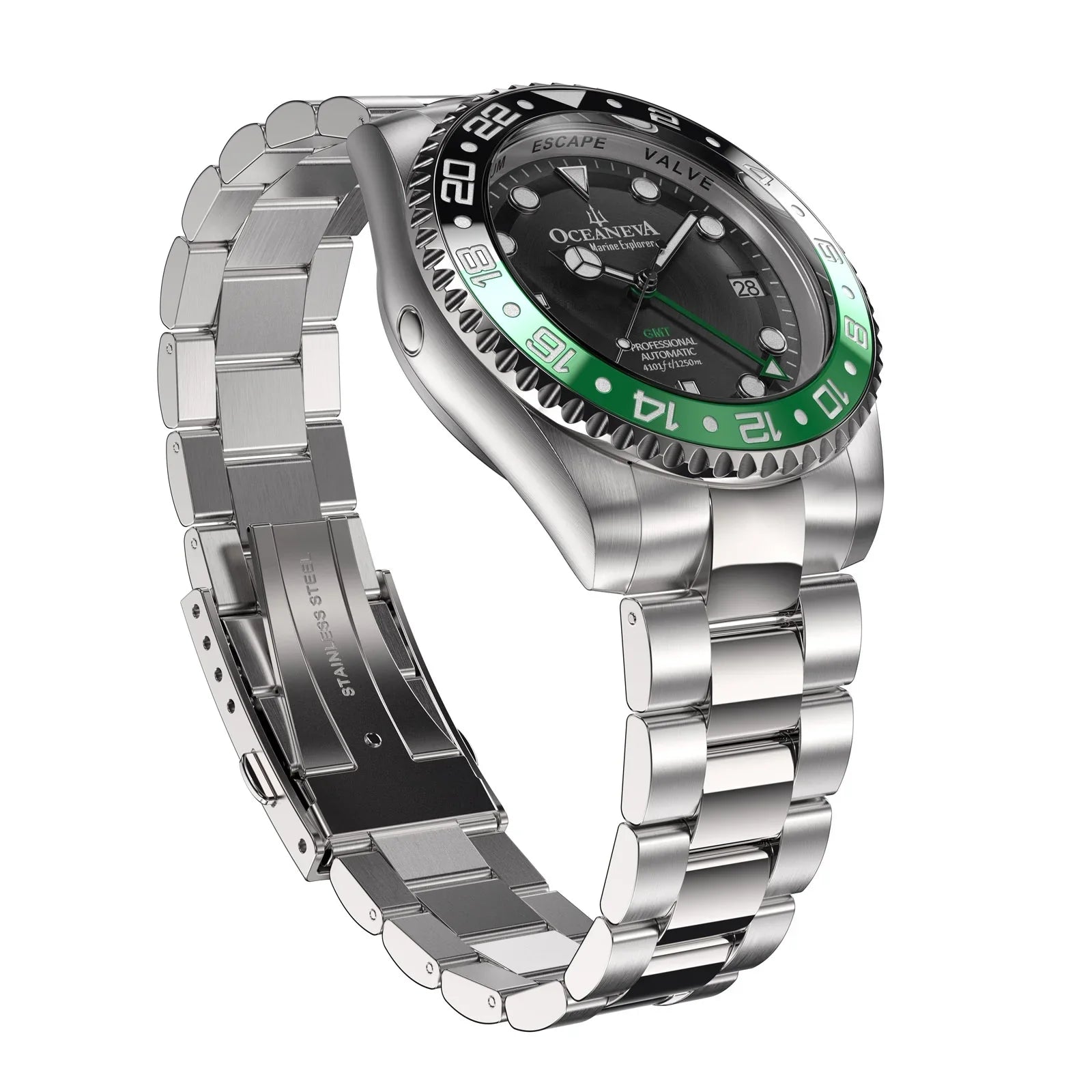 Oceaneva™ GMT Deep Marine Explorer Pro Diver Black Green Bezel Watch - Screw Down with Triple Seal Case Back - 1250M Water Resistance - Japan Automatic Movement Dive Swimming Wrist Watches For Men