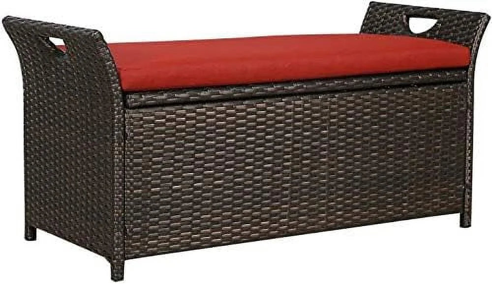 YPZBBOOM Outdoor Deck Box Patio Wicker Bench Rattan Bins with Cushion (Red)
