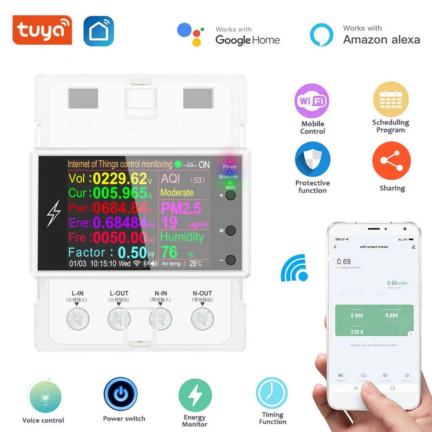 Tuya Wifi/Bluetooth AT4PW 100A Din Rail Smart Switch Remote Control AC 220V 110V Digital Energy Kwh Frequency Factor Meter