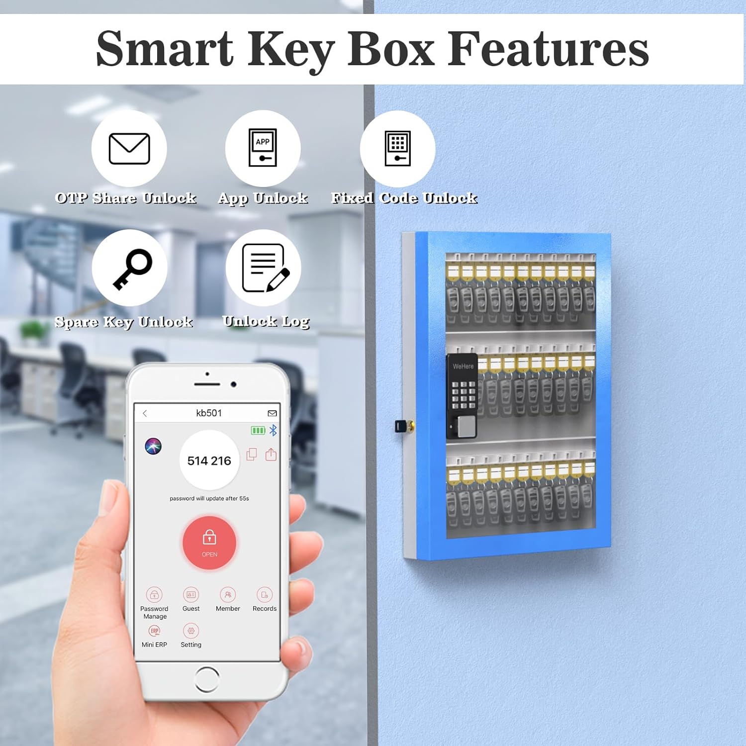 96 Key Lock Box Plus, Smart Key Cabinet Wall Mount, OTP Share Half-Remote Security Storage Lockbox, APP Bluetooth/Fixed Code for Car Dealership，，