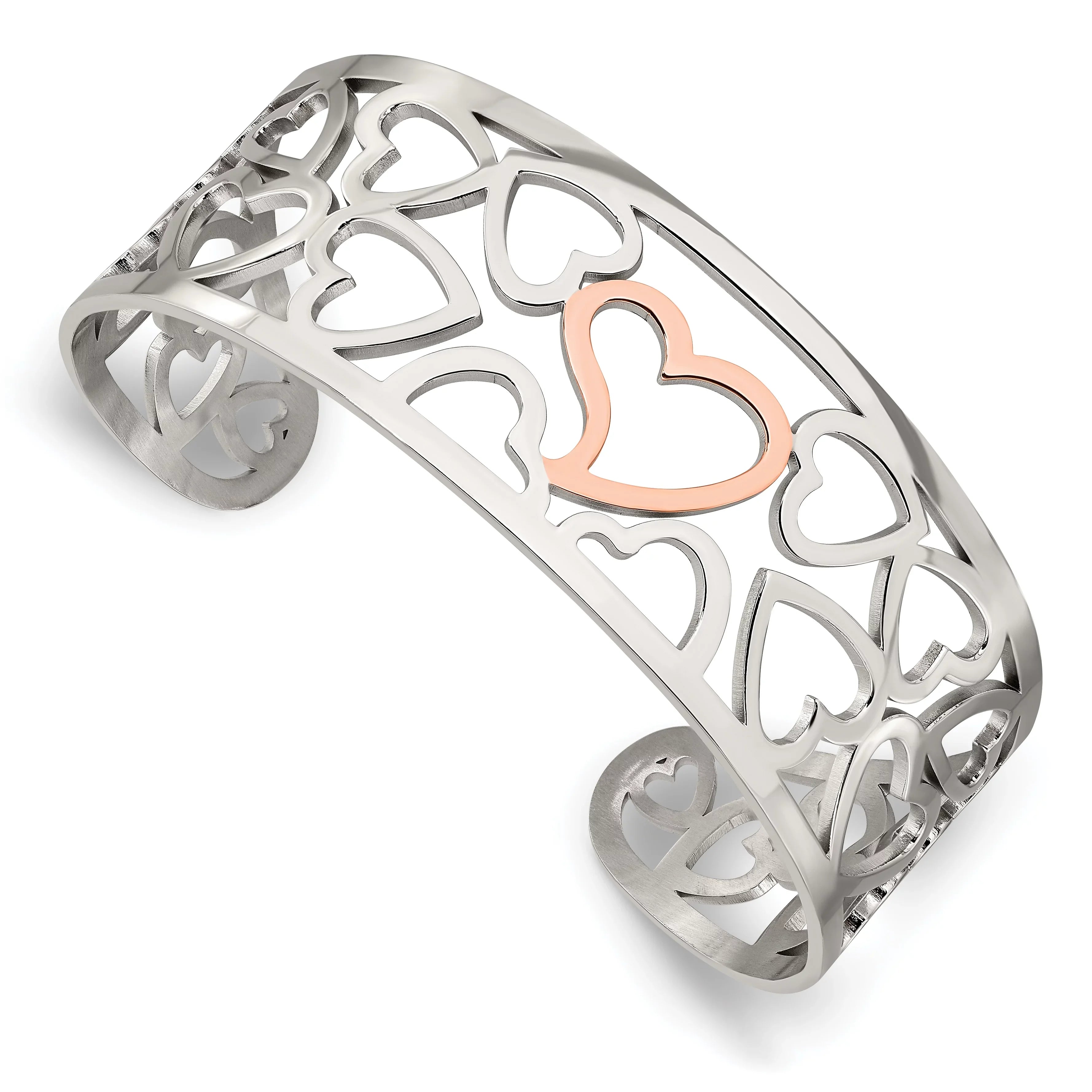 Primal Steel Stainless Steel Rose IP Plated Hearts Cuff Bangle