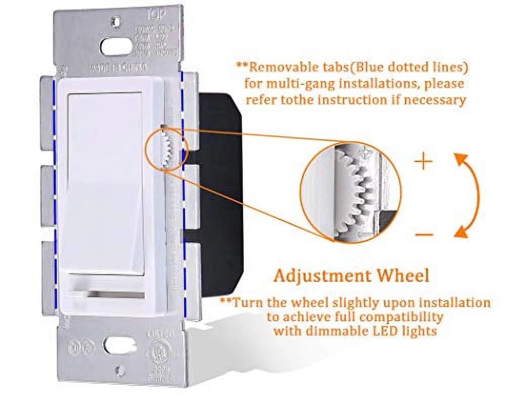 Cloudy Bay in Wall Dimmer Switch for LED Light/CFL/Incandescent,3-Way Single Pole Dimmable Slide,600 Watt Wrap Plate Included