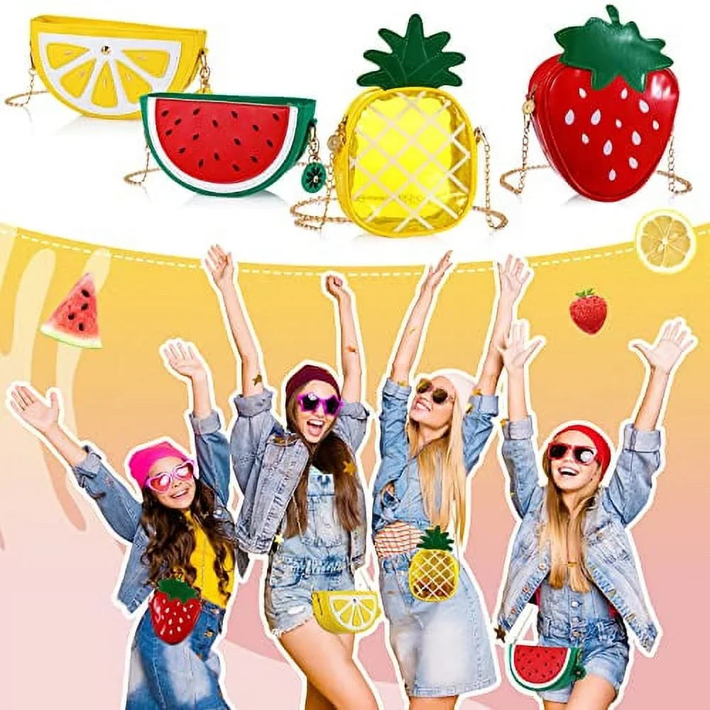 Set of 4 Fruit Shoulder Bag Lemon Watermelon Shape Shoulder Bag Pineapple Strawberry Crossbody Purse Bag Cute Novelty Fruit Shoulder Mini Bag Purse Wallet for Women Girl Gift