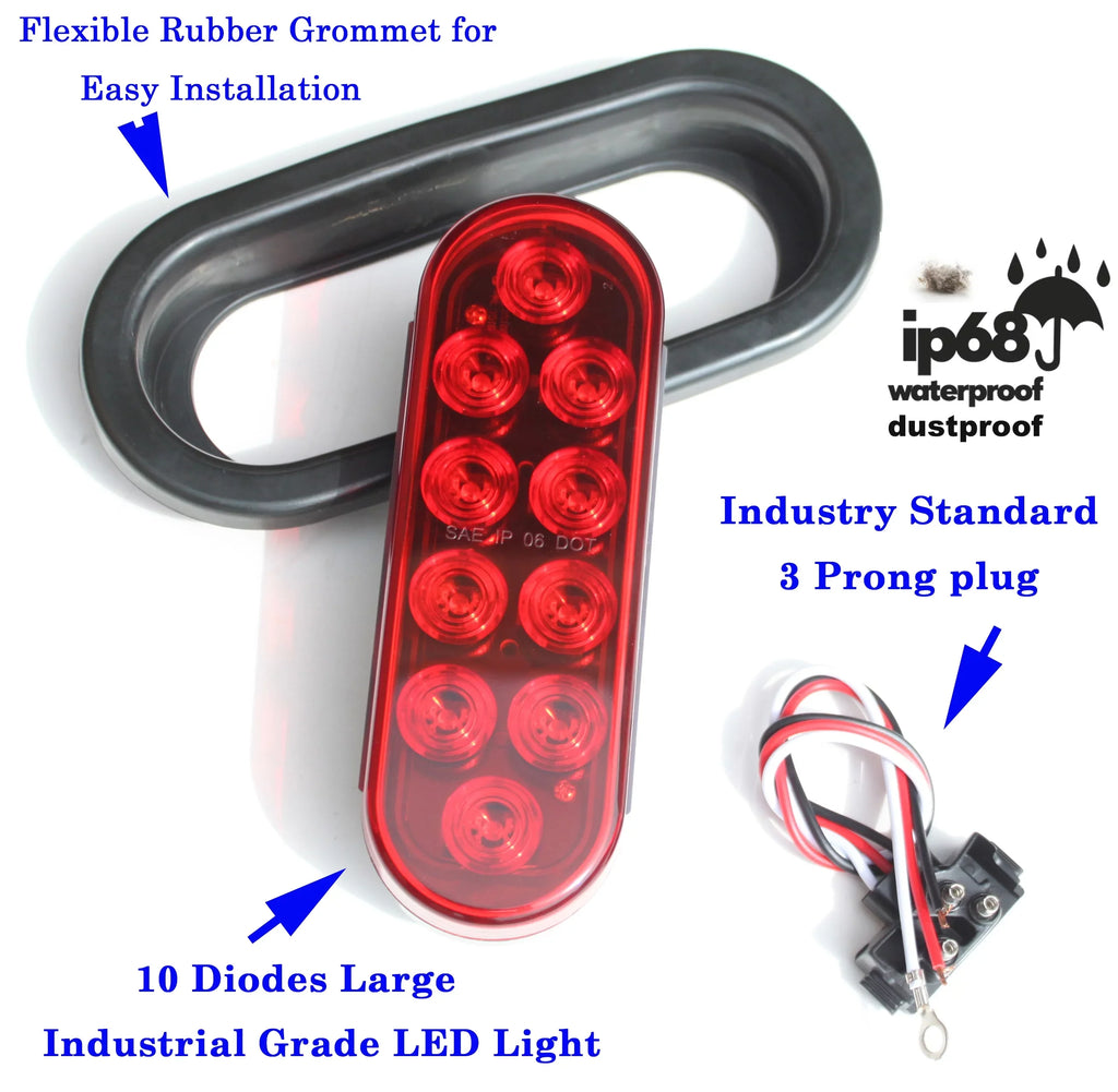 Pair ( 2 Pieces ) Solid LED 6" Oval Red Brake Stop Turn Tail Marker Signal Light for Truck Trailer Tractor Jeep w Grommet Pigtail Kit DOT SAE Approved