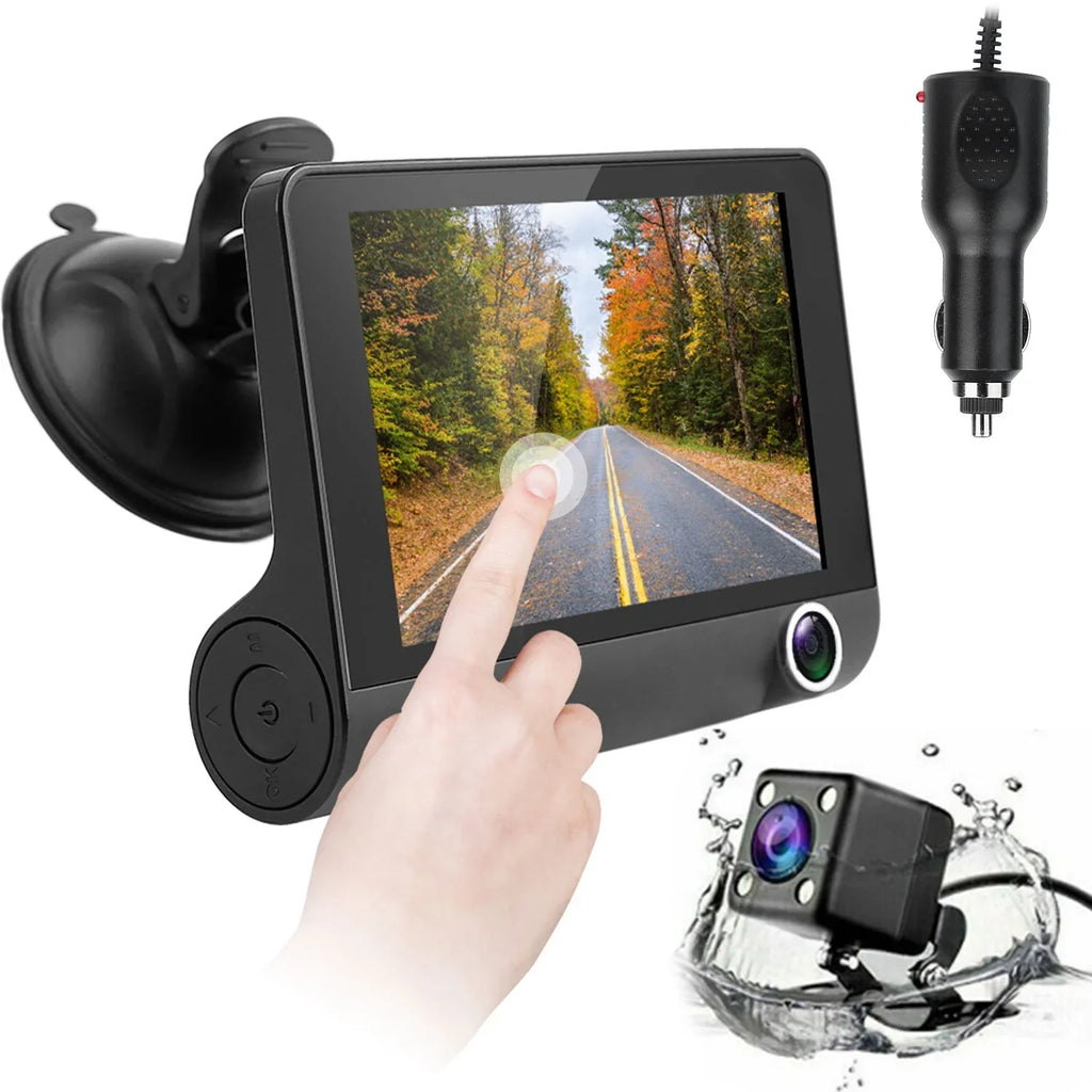 iMounTEK Car Recorder, FHD 1080P 4in Touch Screen Car DVR Dash Camera 3 Lens Vehicle Driving Recorder Seamless Loop Recording with 32.8ft Rear Camera Wire, Black