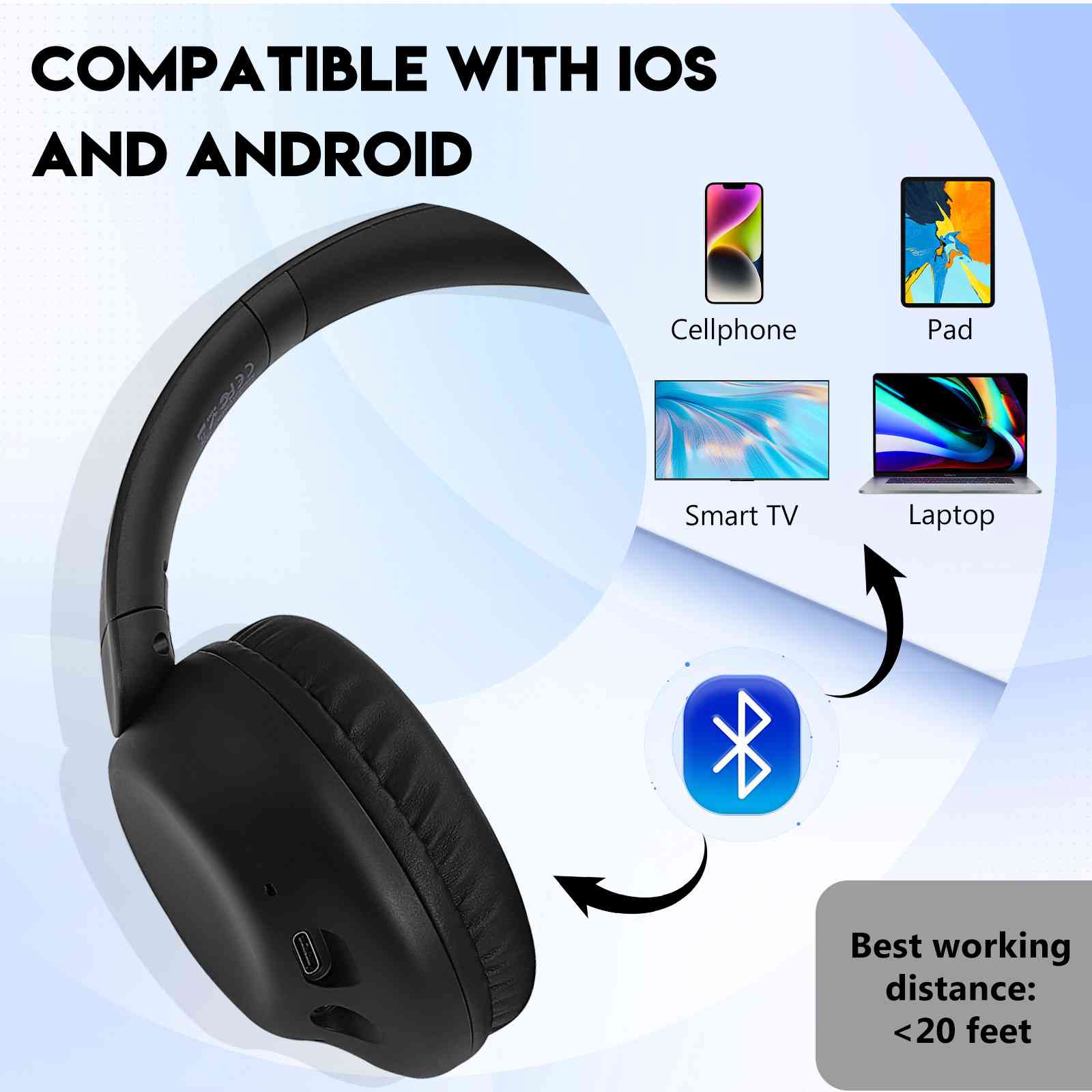 UrbanX Perfect Comfort 955 II Overhead Wireless Bluetooth Headphones For Infinix Smart 5 (India) Noise-Cancelling, with – Black