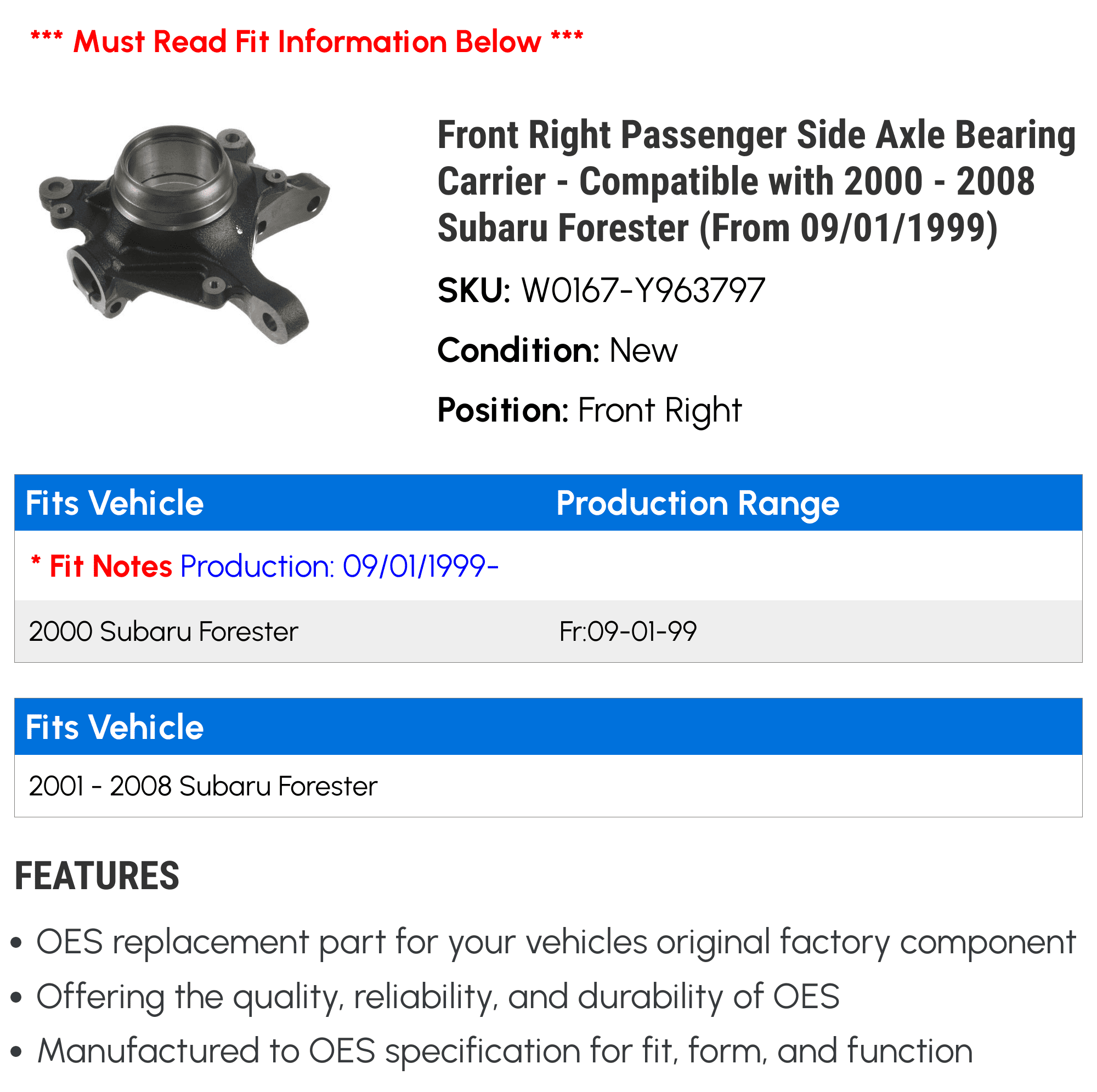 Front Right Passenger Side Axle Bearing Carrier - Matching with 2000 - 2008 Subaru Forester (From 09/01/1999) 2001 2002 2003 2004 2005 2006 2007