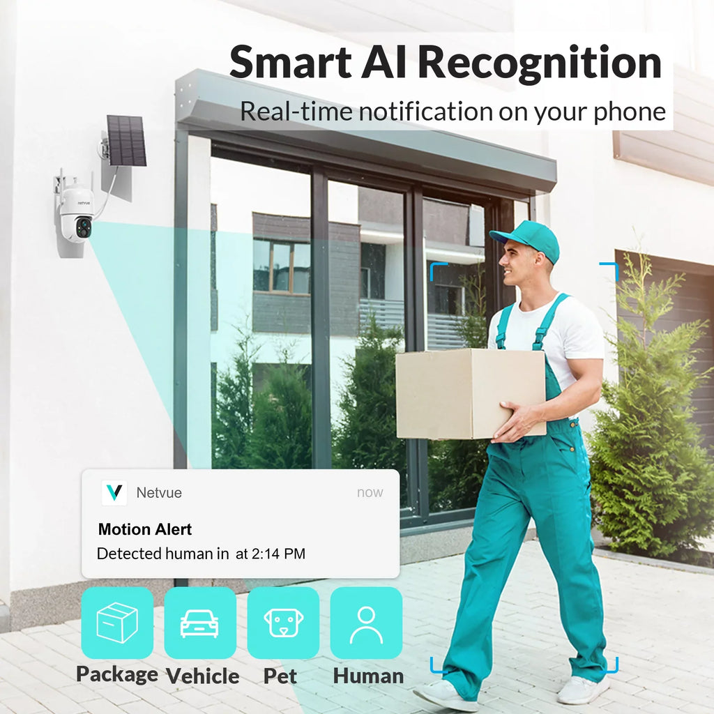 NETVUE Solar Security Cameras Wireless Outdoor 3MP Camera 2.4G WiFi 360° View PTZ. Strobe Light/Spotlight Home Security System with Motion Detection and Siren