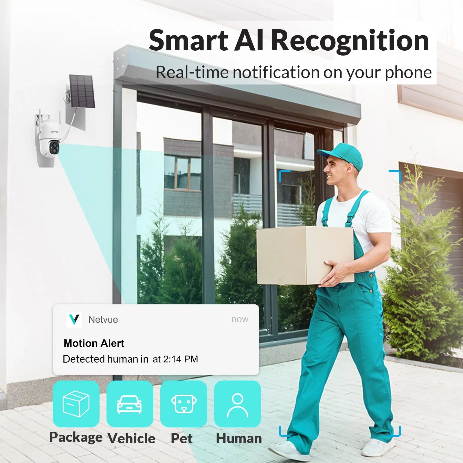 NETVUE Solar Security Cameras Wireless Outdoor 3MP Camera 2.4G WiFi 360° View PTZ. Strobe Light/Spotlight Home Security System with Motion Detection and Siren