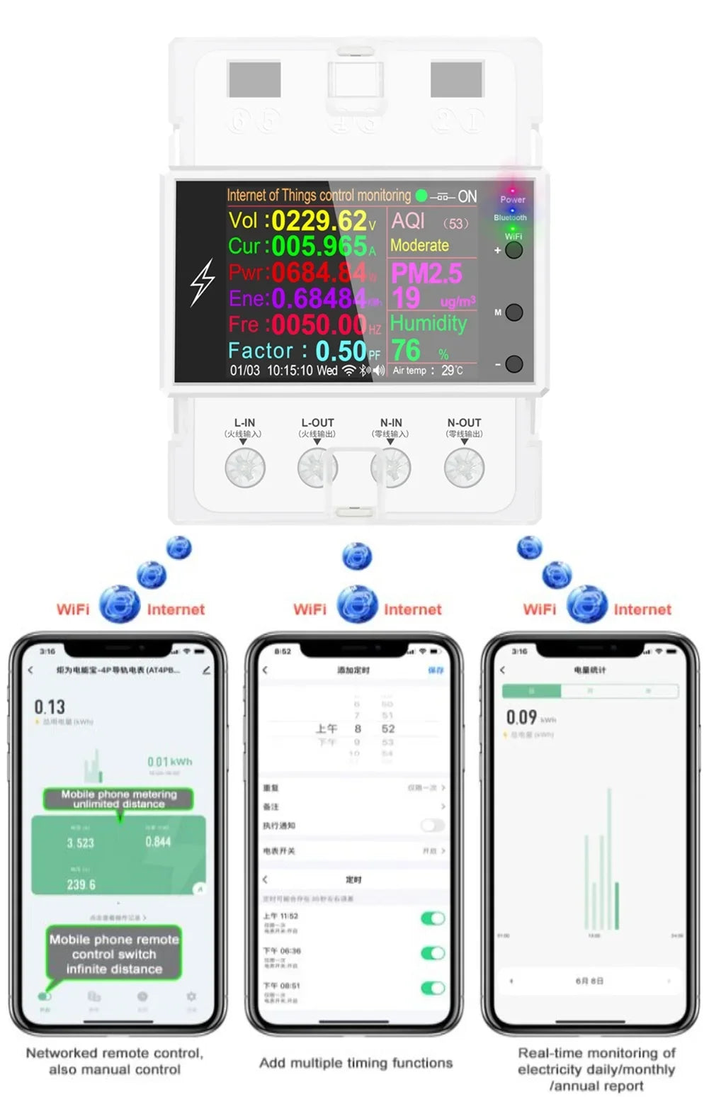Tuya Wifi/Bluetooth AT4PW 100A Din Rail Smart Switch Remote Control AC 220V 110V Digital Energy Kwh Frequency Factor Meter