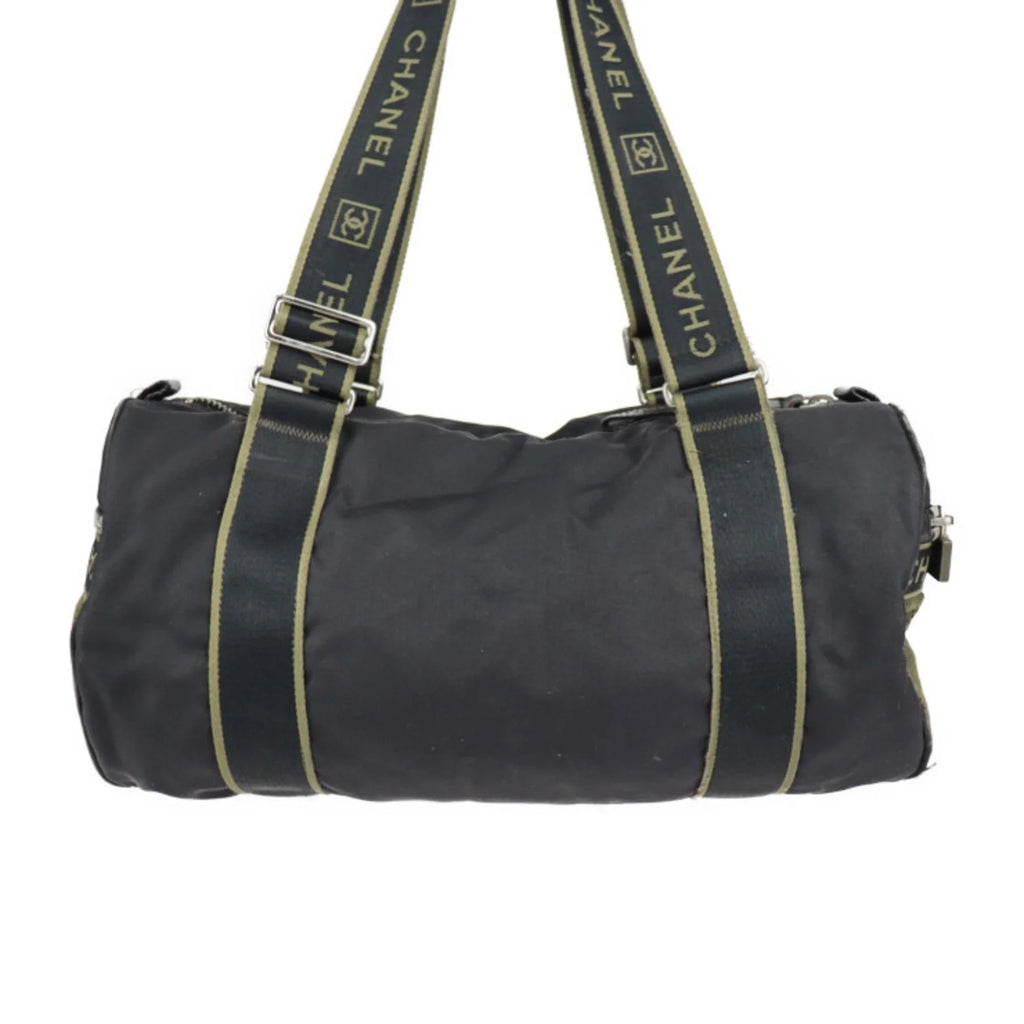 Pre-Owned CHANEL Chanel Sport Line Boston Bag Nylon Canvas Black Khaki Green Shoulder Travel Cocomark 10 Series Round Cylindrical (Fair)