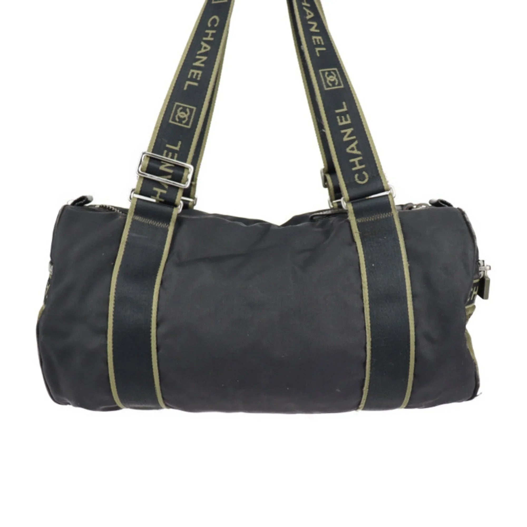 Pre-Owned CHANEL Chanel Sport Line Boston Bag Nylon Canvas Black Khaki Green Shoulder Travel Cocomark 10 Series Round Cylindrical (Fair)