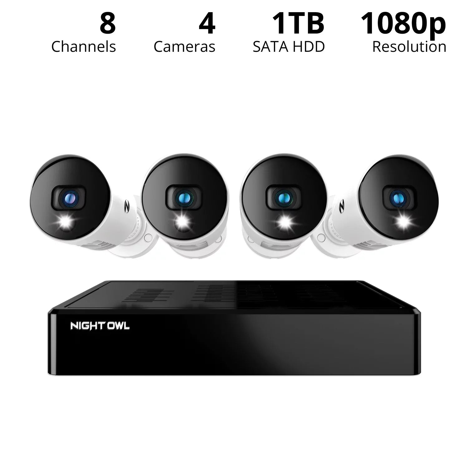 Night Owl Bluetooth 8 Channel DVR with 1TB Hard Drive, and 4 Wired 1080p HD Spotlight Security Cameras, Outdoor, HDMI Connector