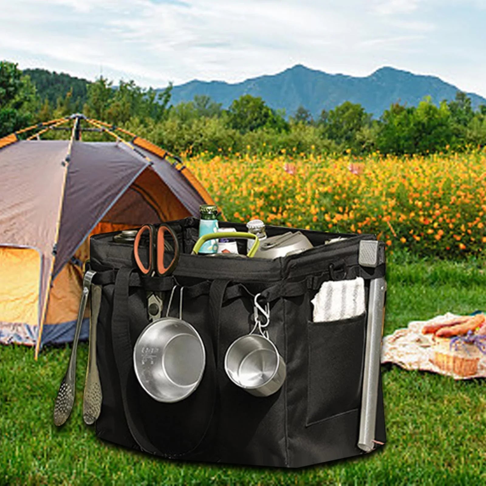 Outdoor Picnic Storage Bag Handbag Foldable Travel Garage Trunk Organizer Black 36.5x24.5x32.5cm for Camper, Travel, RV Multifunctional