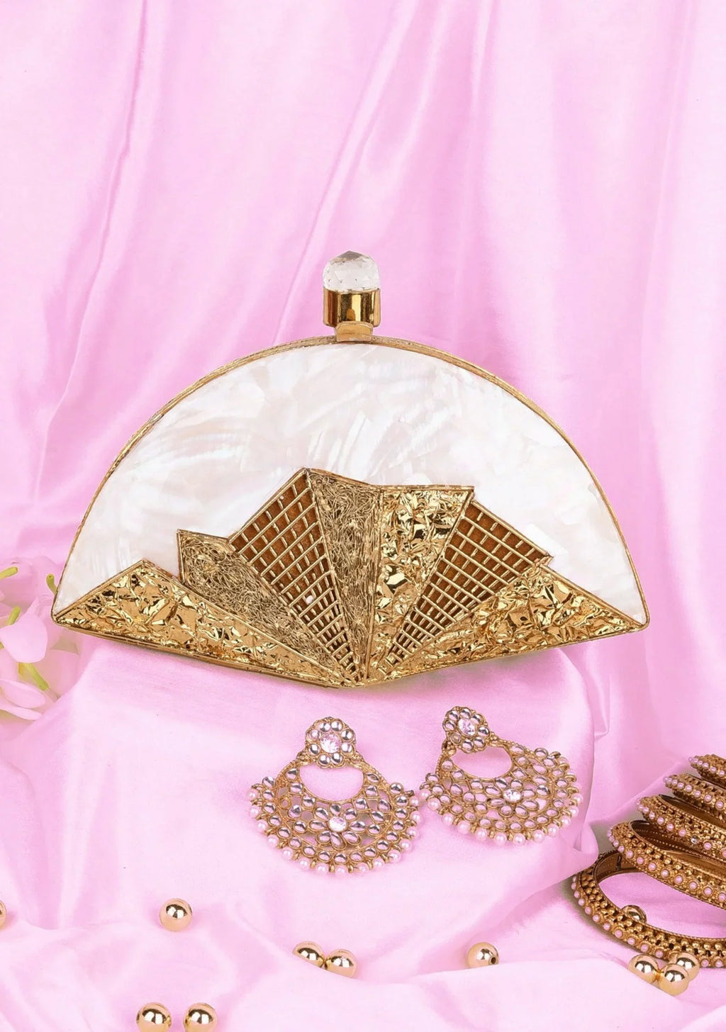 Different Craft India Handcrafted original/natural Seashell inlaid Clutch bag Gold Wedding Designer Handbag for Women