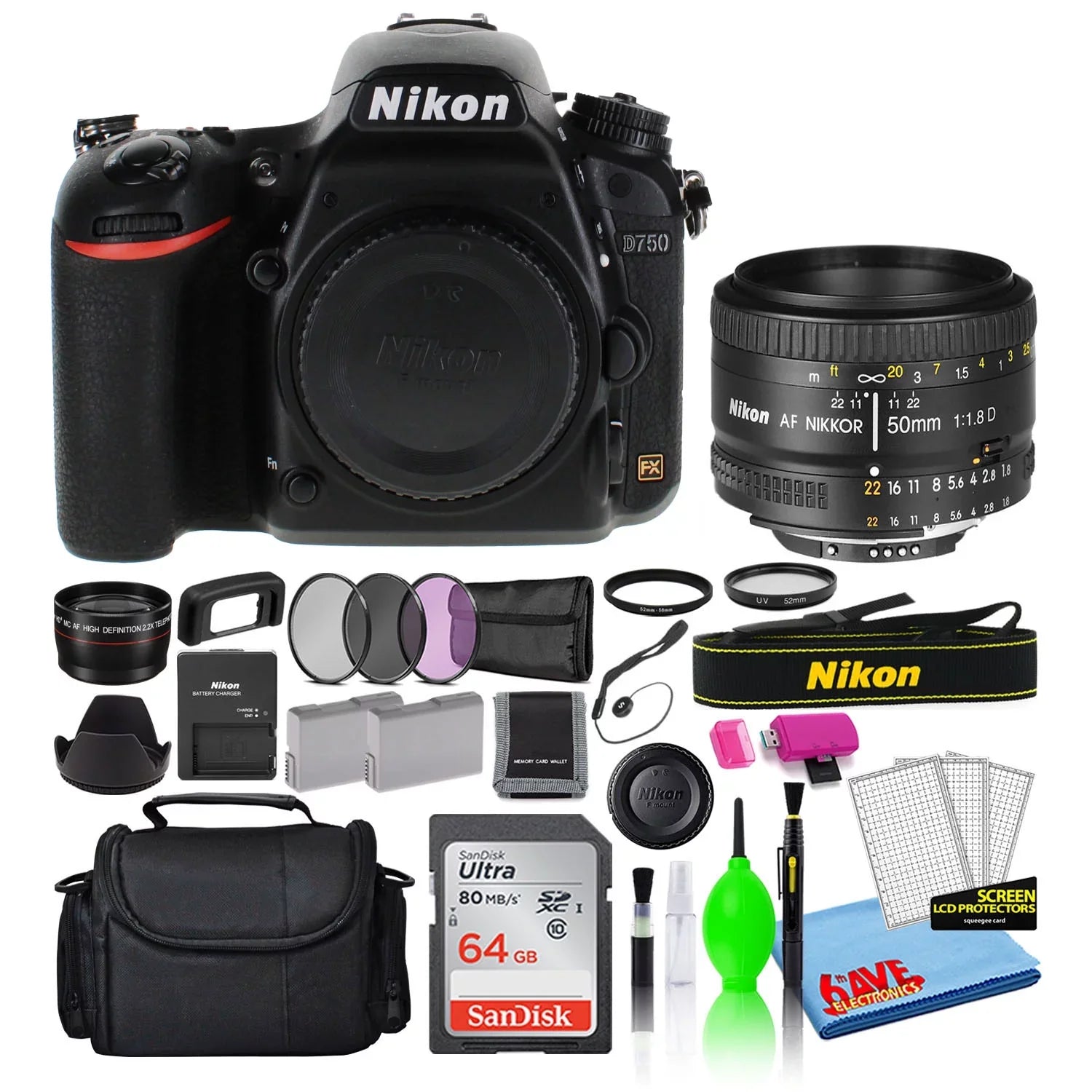 Nikon D750 24.3MP DSLR Digital Camera with AF 50mm f/1.8D Lens (1543) Bundle with SanDisk 64GB SD Card + Camera Bag + Filter Kit + Spare Battery + Telephoto Lens