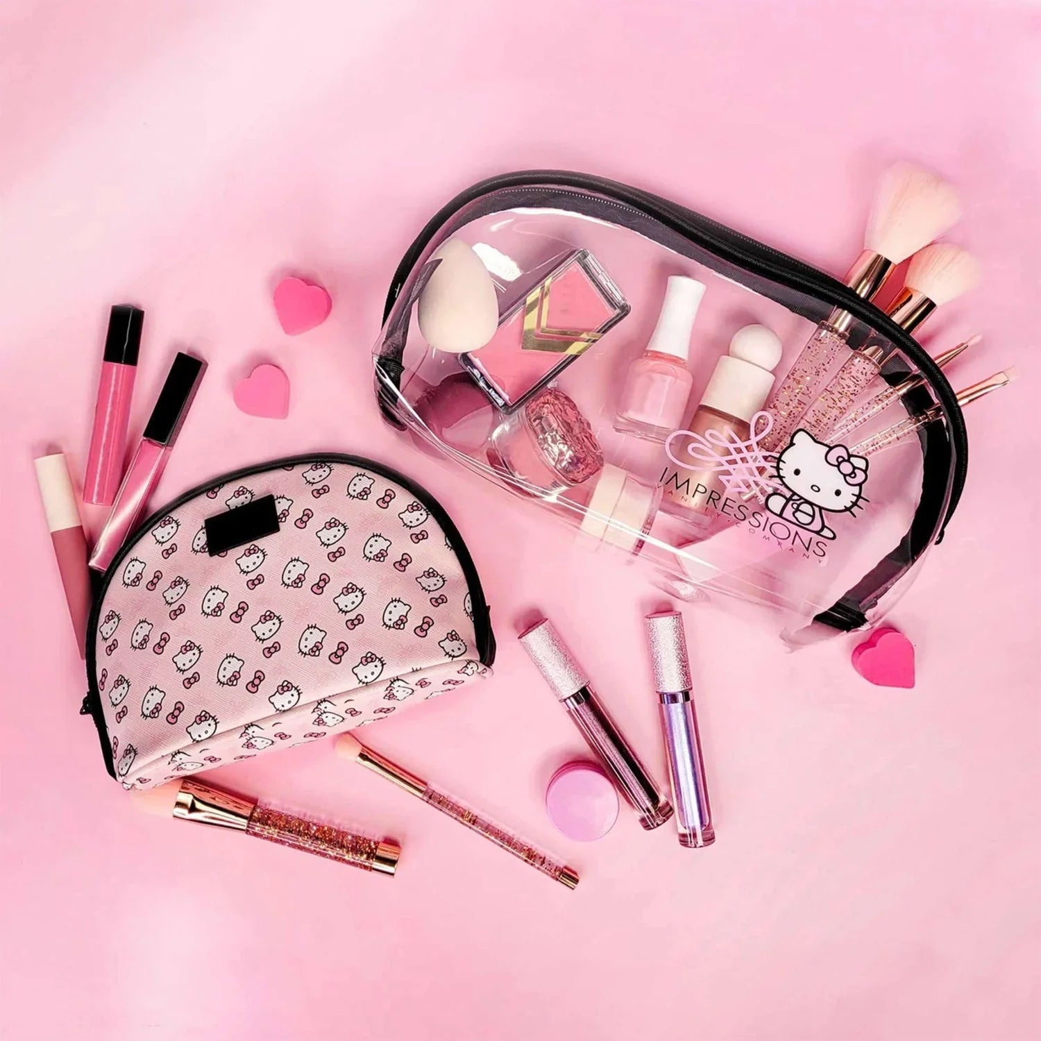 Impressions Vanity Hello Kitty 2 Pcs Nested Clutch Purses, Travel Makeup Bag for Holding Makeup (Pink)