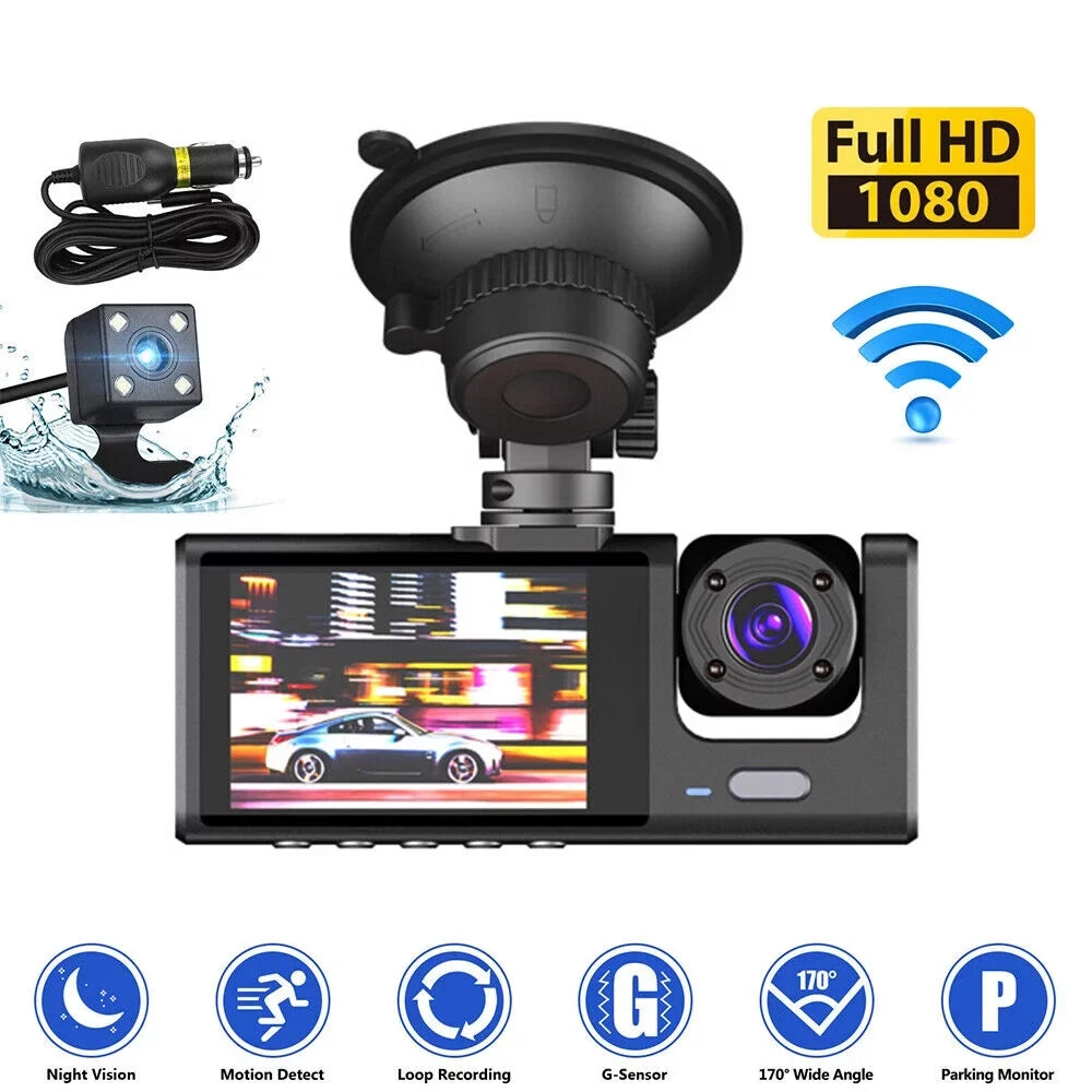 Jinyi 1080P Car Dual Lens Dash Cam Front/Rear/Inside Video Recorder Camera G-sensor