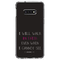 DistinctInk Clear Shockproof Hybrid Case for Samsung Galaxy S10e (5.8" Screen) - TPU Bumper, Acrylic Back, Tempered Glass Screen Protector - 2 Corinthians 5:7 - Walk By Faith Even When I Cannot See