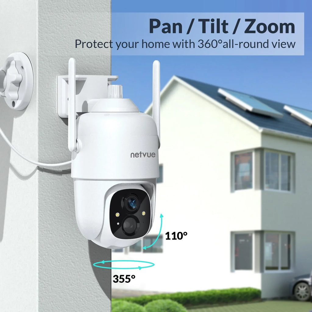 NETVUE Solar Security Cameras Wireless Outdoor 3MP Camera 2.4G WiFi 360° View PTZ. Strobe Light/Spotlight Home Security System with Motion Detection and Siren