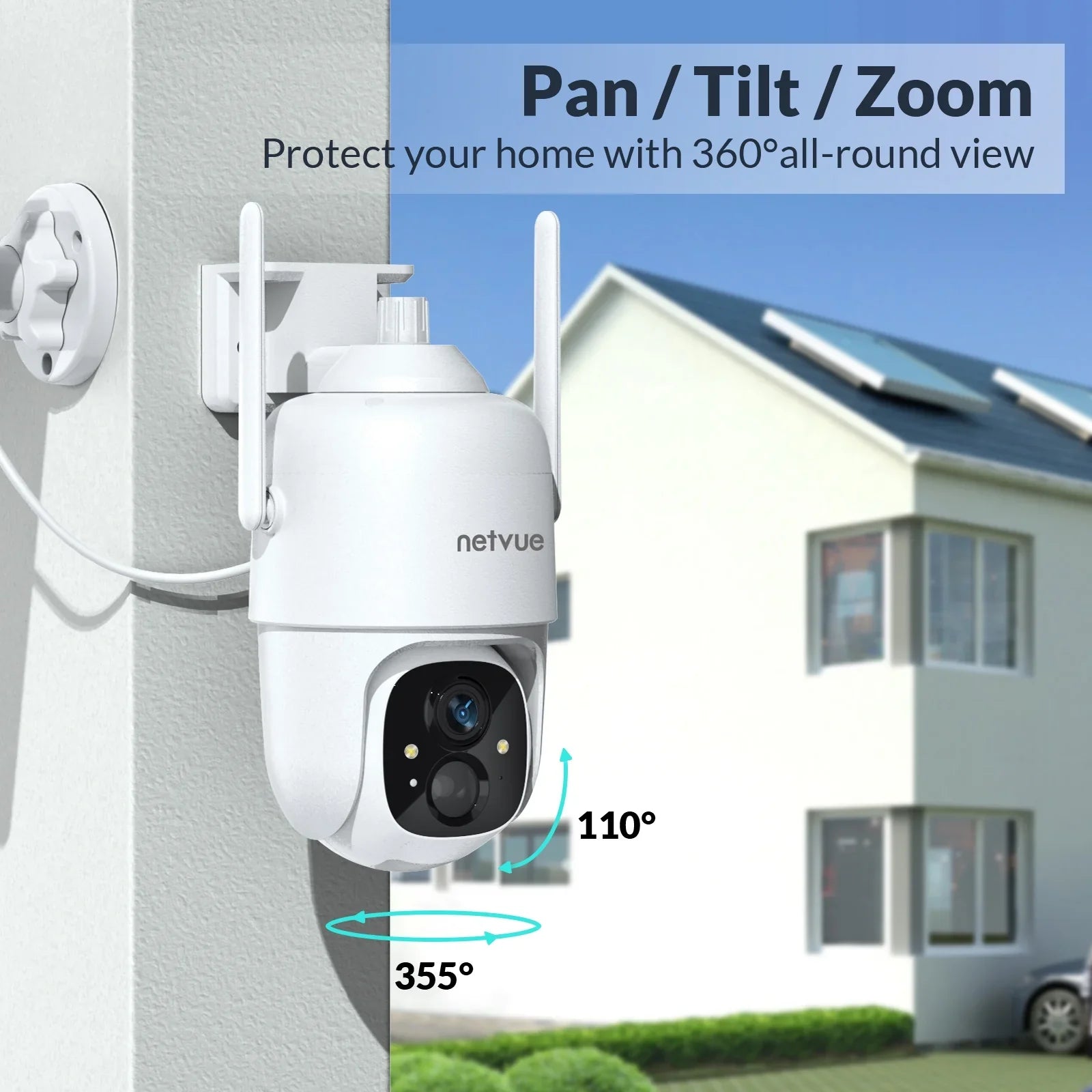 NETVUE Solar Security Cameras Wireless Outdoor 3MP Camera 2.4G WiFi 360° View PTZ. Strobe Light/Spotlight Home Security System with Motion Detection and Siren