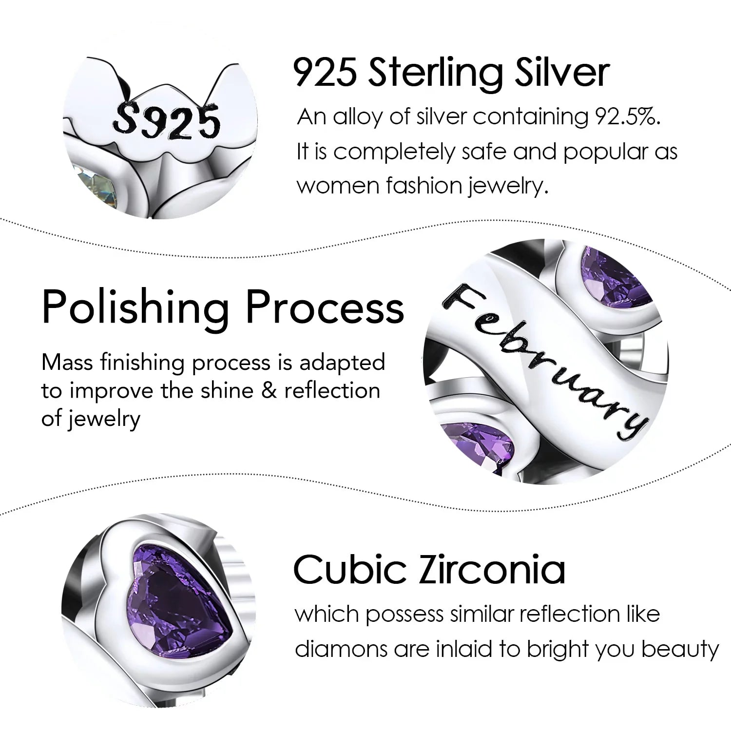 NINGAN February Birthstone Charms for Pandora Bracelets 925 Sterling Silver Love Heart Openwork Bead Charms