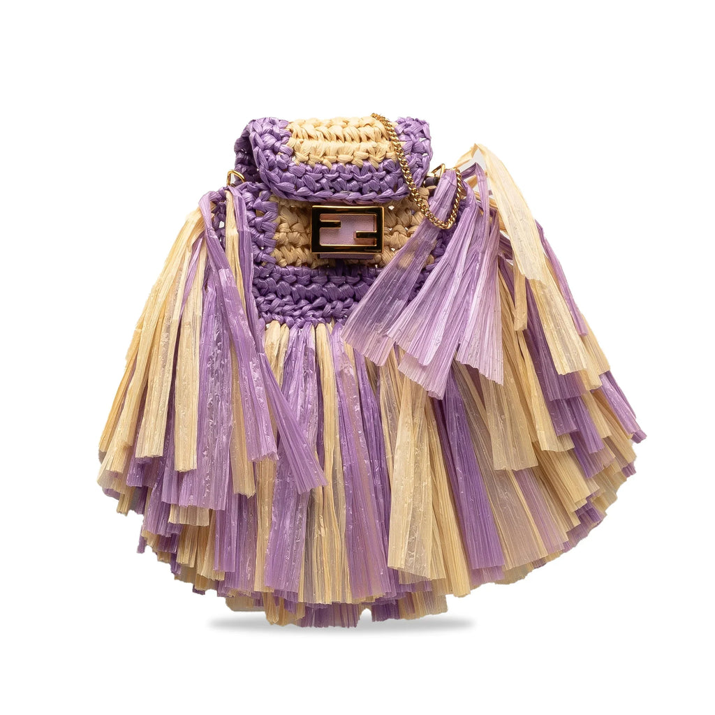 Pre-Owned Authenticated Fendi Intreccio Pico Baguette Raffia Natural Material Purple Crossbody Bag Unisex (Good)