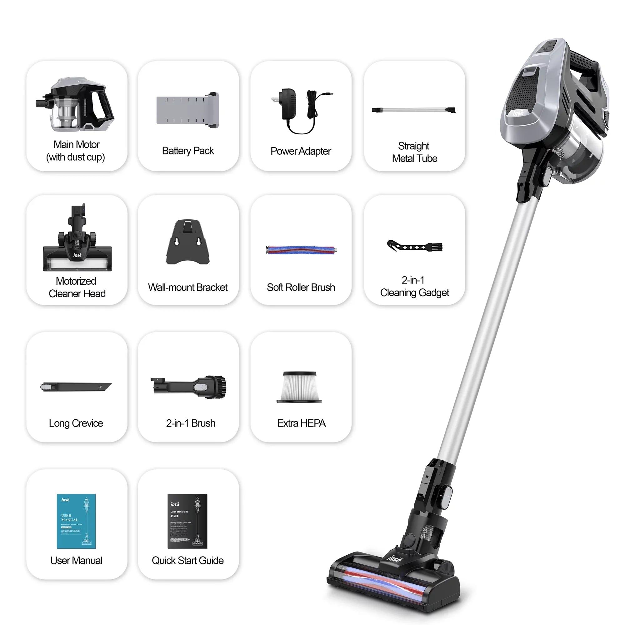 INSE Cordless Vacuum Cleaner, 15Kpa 180W Powerful Suction Stick Vacuum Cleaner, Up to 40min Runtime, 3 in 1 Handheld Vacuum Cleaner for Thin Carpet Hard Floor Pet Hair