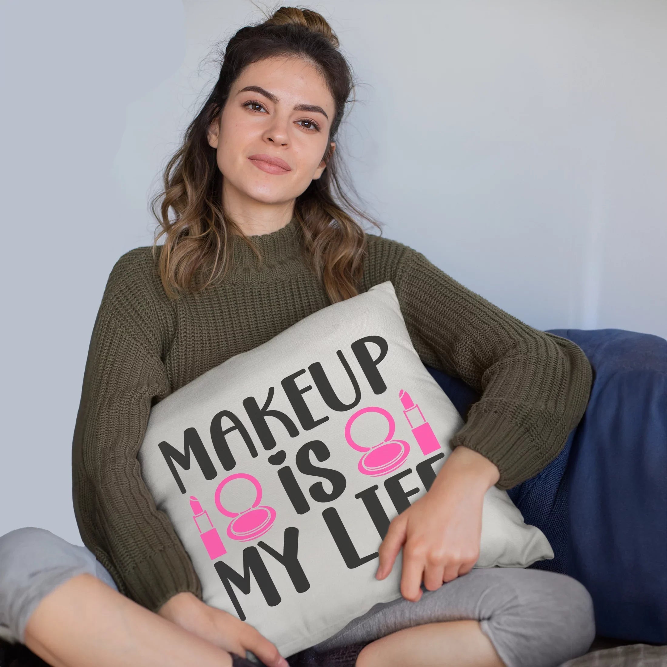 Makeup Is My Life w/ Compact Mirror & Lipstick Design - Beauty Themed Merch for Makeup Artist or Cosmetologist, Gift for Makeup Lovers, Pillow Coating White 20X20 IN