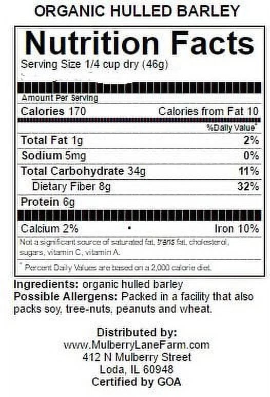 Hulled Barley 10 lbs (ten pounds) 100% USDA Certified Organic