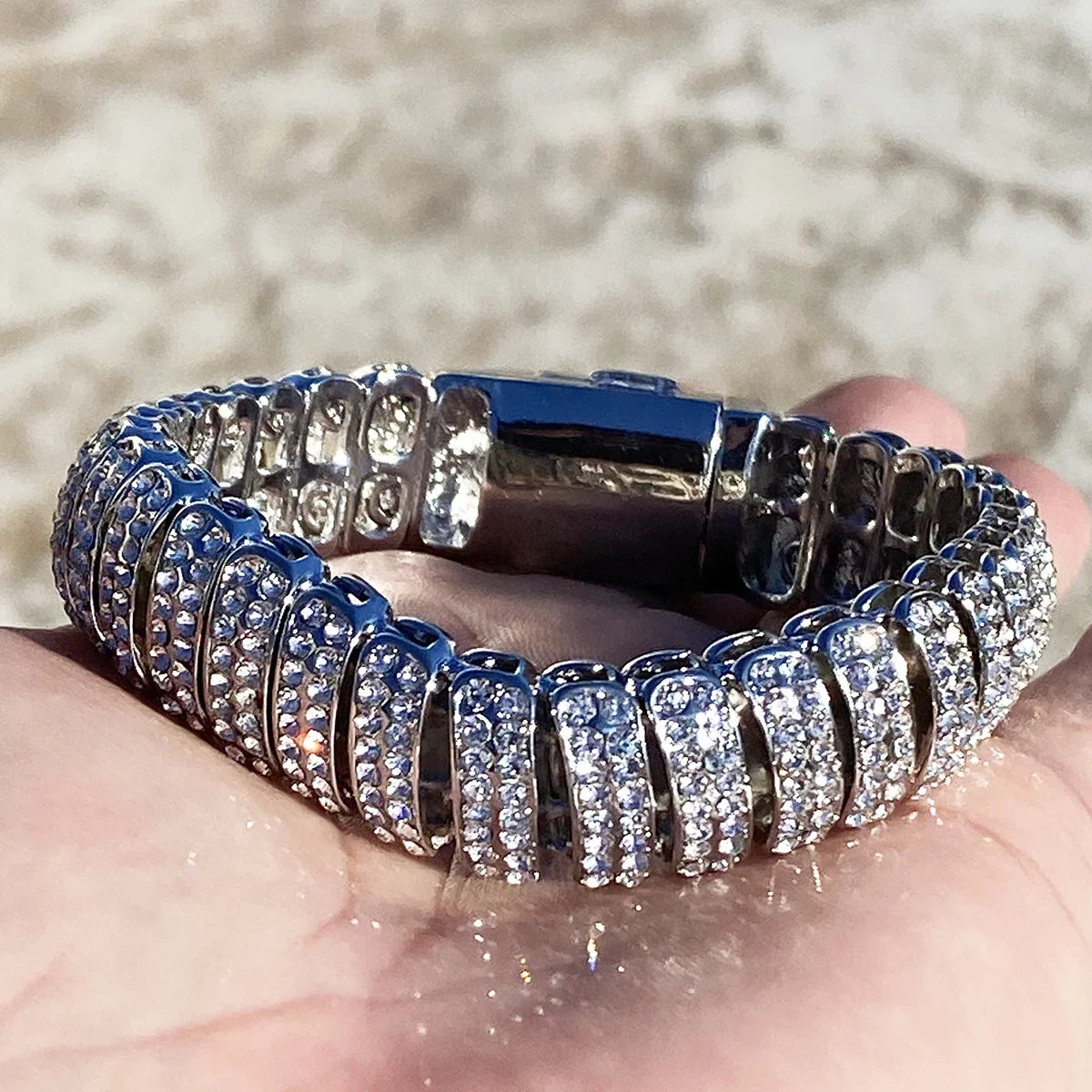 Mens Hip Hop Bracelet Micro Pave Iced Box Lock Silver Tone Bling Out 8.5" Inch x 16MM Thick