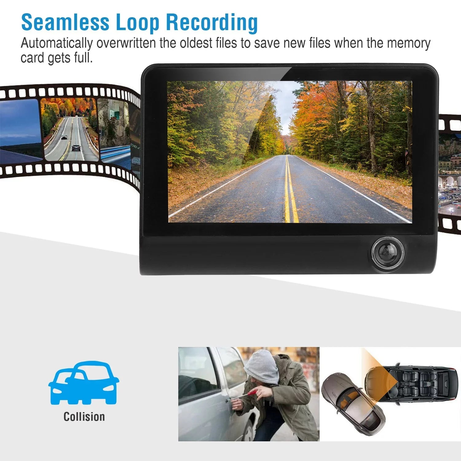 iMounTEK Car Recorder, FHD 1080P 4in Touch Screen Car DVR Dash Camera 3 Lens Vehicle Driving Recorder Seamless Loop Recording with 32.8ft Rear Camera Wire, Black