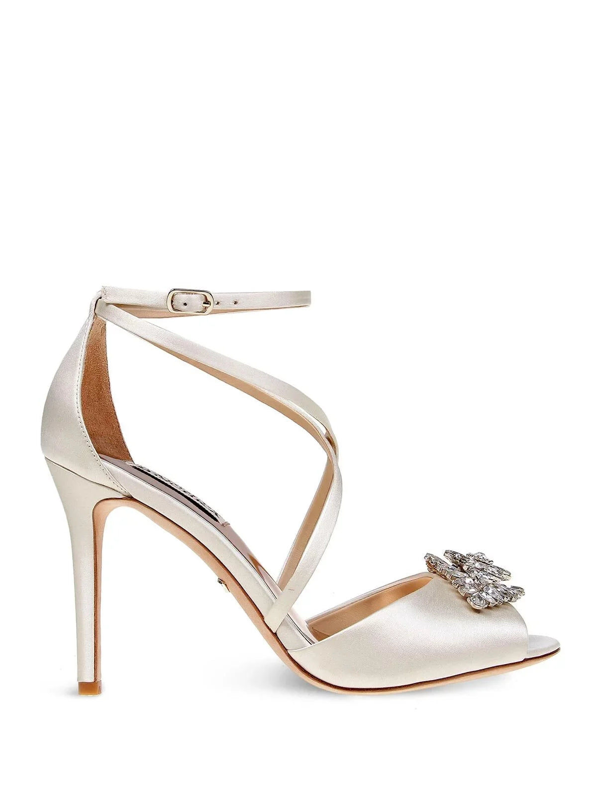 BADGLEY MISCHKA Womens Ivory Satin Beige Cushioned Footbed Dustbag Embellished Ankle Strap Tatum Open Toe Stiletto Clasp Dress Heeled Gladiator Sandal 10