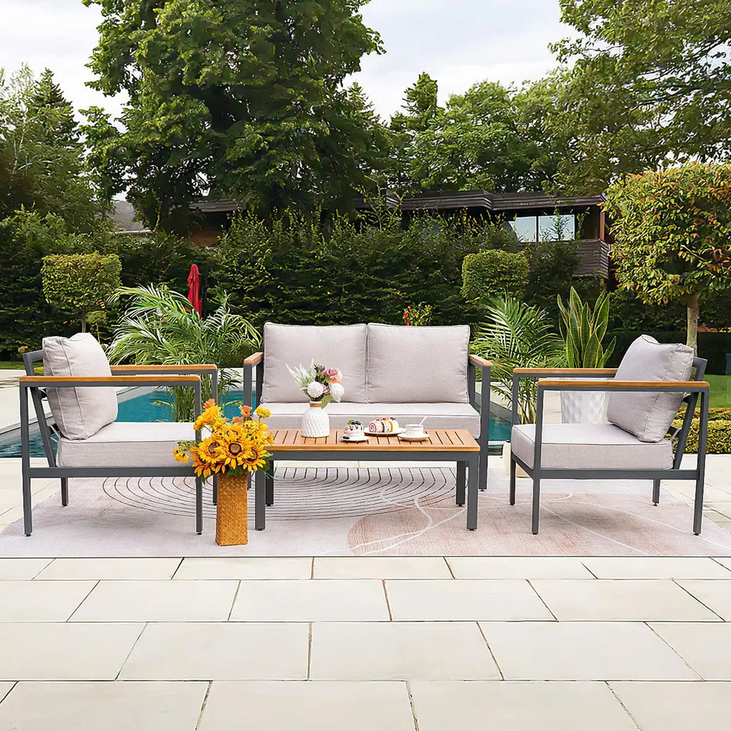 Devoko 4 Pieces Patio Conversation Set Outdoor Metal Frame Table and Thick Cushion, Gray