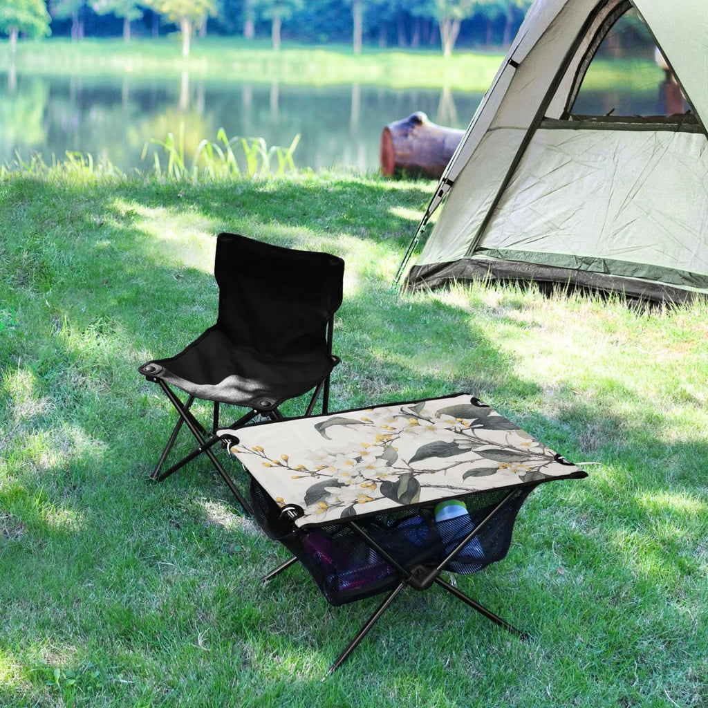 Blooming Jasmine Flowers Camping Foldable Portable Table Beach Table with Storage Bag Compact Picnic Table for Outdoor Hiking Fishing BBQ