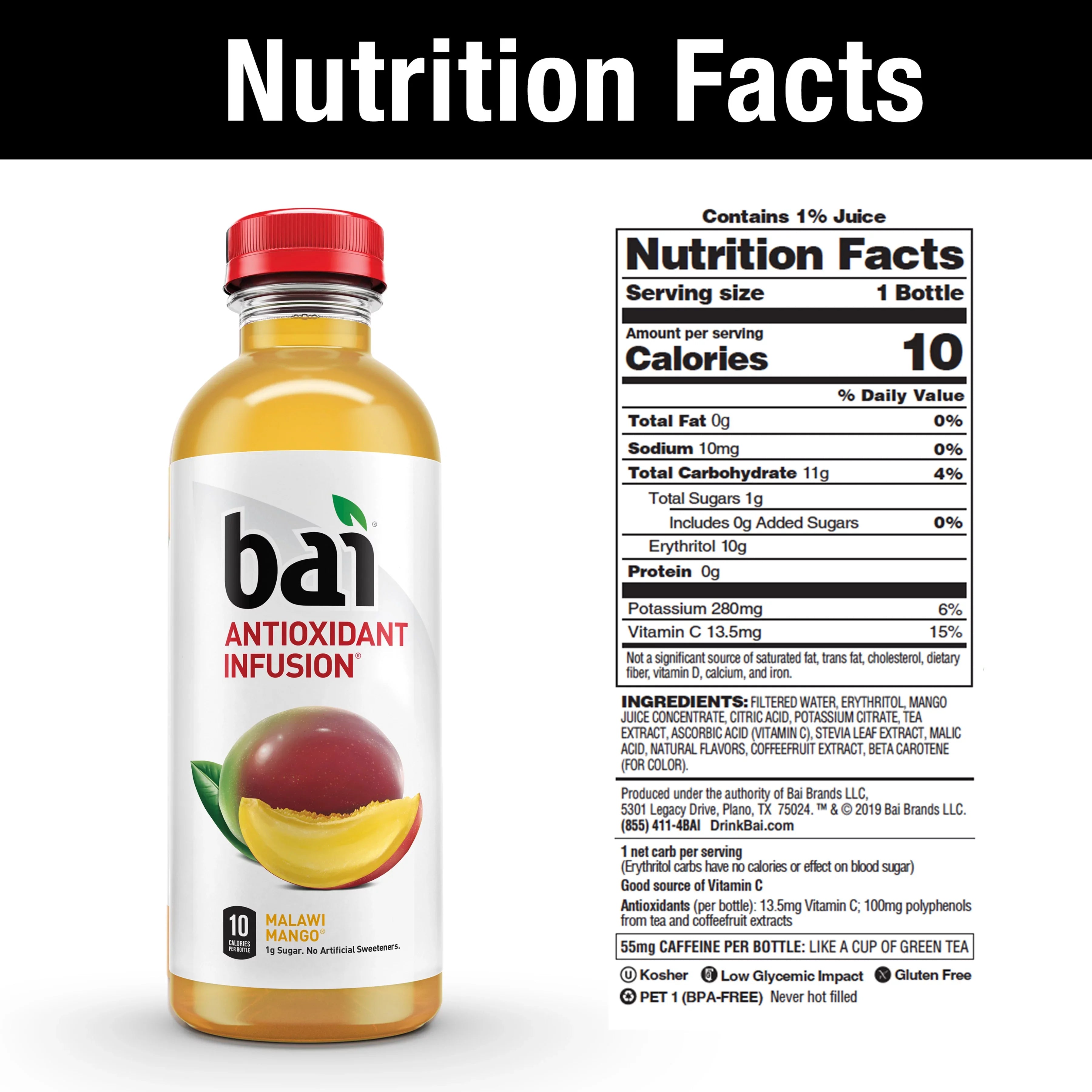 Bai Gluten-Free, Malawi Mango, Antioxidant Infused Drink, 18 Fl Oz, 12 Pack Bottles