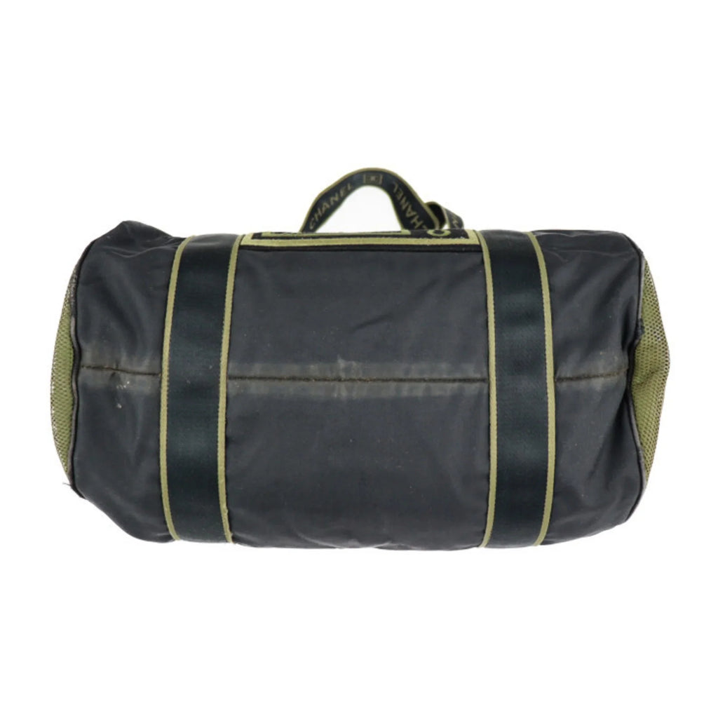 Pre-Owned CHANEL Chanel Sport Line Boston Bag Nylon Canvas Black Khaki Green Shoulder Travel Cocomark 10 Series Round Cylindrical (Fair)
