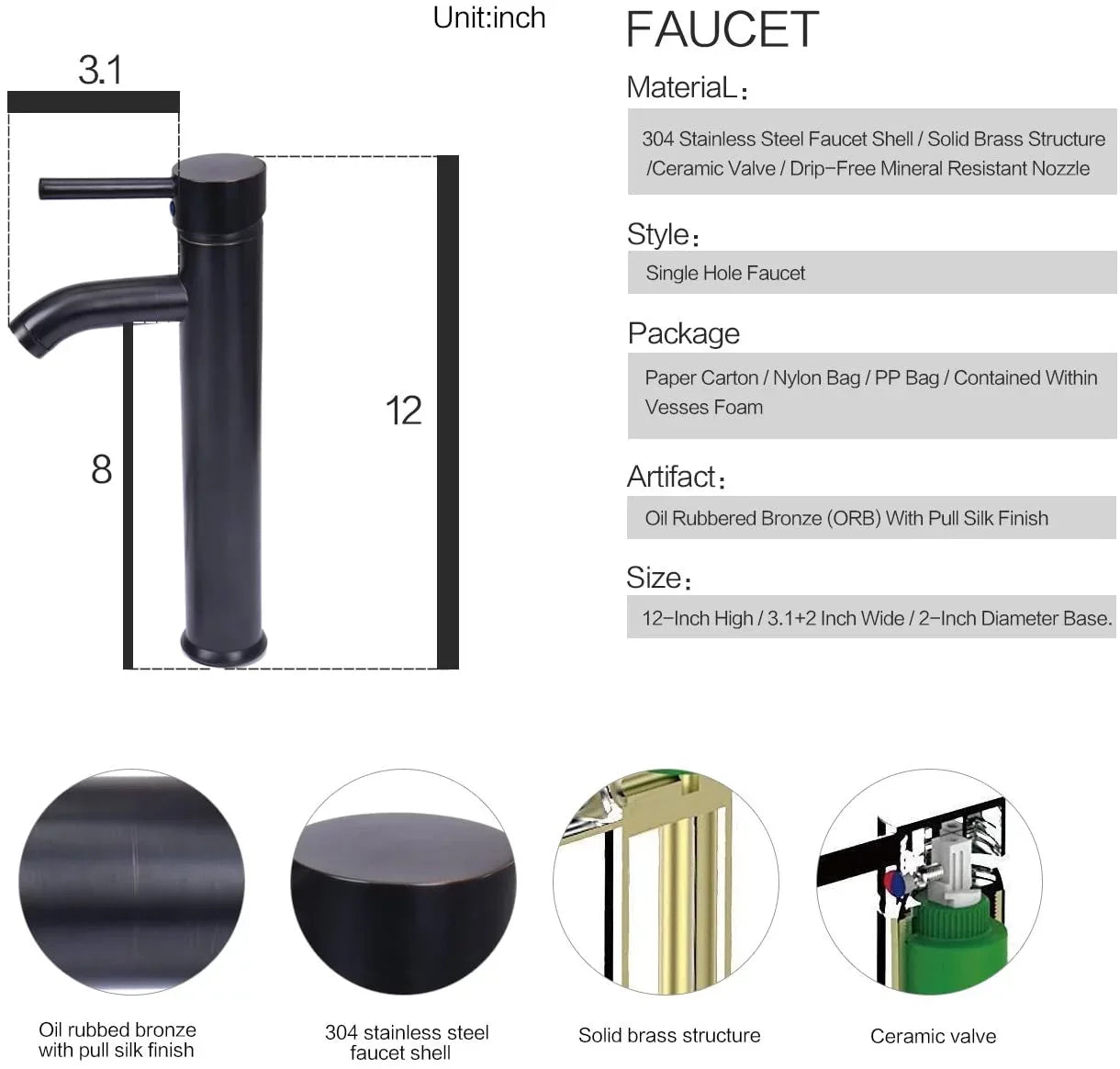 PULUOMIS Artistic Porcelain Ceramic Vessel Sink Basin Washing Bowl Set Cabinet Countertop Sink with Chrome Faucet Pop-up Drain and Water Pipe Lavatory