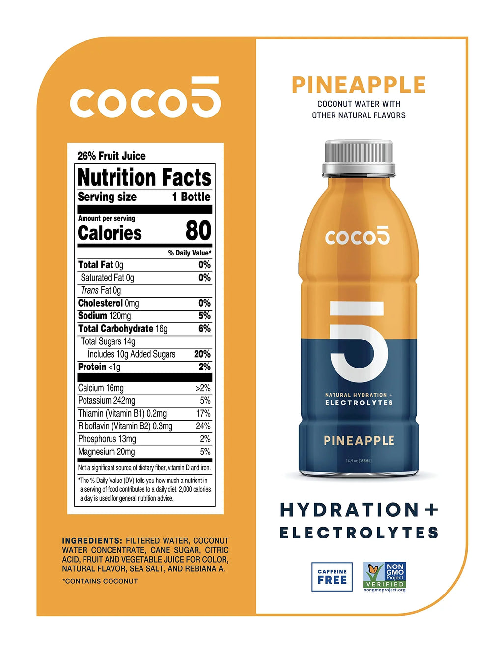 COCO5 Clean Sports Hydration Pineapple Flavor | 100% Natural | 50% Less Sugar | Nothing Artificial | Non-GMO | Gluten Free | Developed by Pro Trainers for Pro Athletes | 16.9 OZ (Pack - 12)