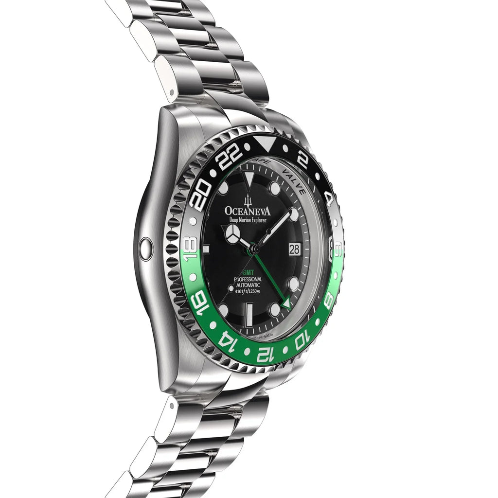 Oceaneva™ GMT Deep Marine Explorer Pro Diver Black Green Bezel Watch - Screw Down with Triple Seal Case Back - 1250M Water Resistance - Japan Automatic Movement Dive Swimming Wrist Watches For Men