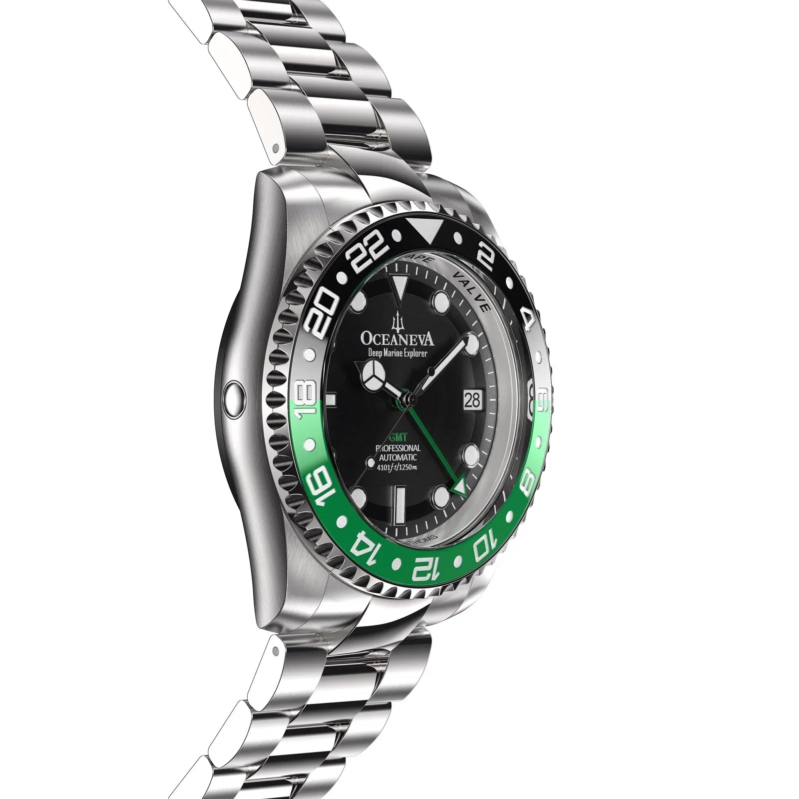 Oceaneva™ GMT Deep Marine Explorer Pro Diver Black Green Bezel Watch - Screw Down with Triple Seal Case Back - 1250M Water Resistance - Japan Automatic Movement Dive Swimming Wrist Watches For Men