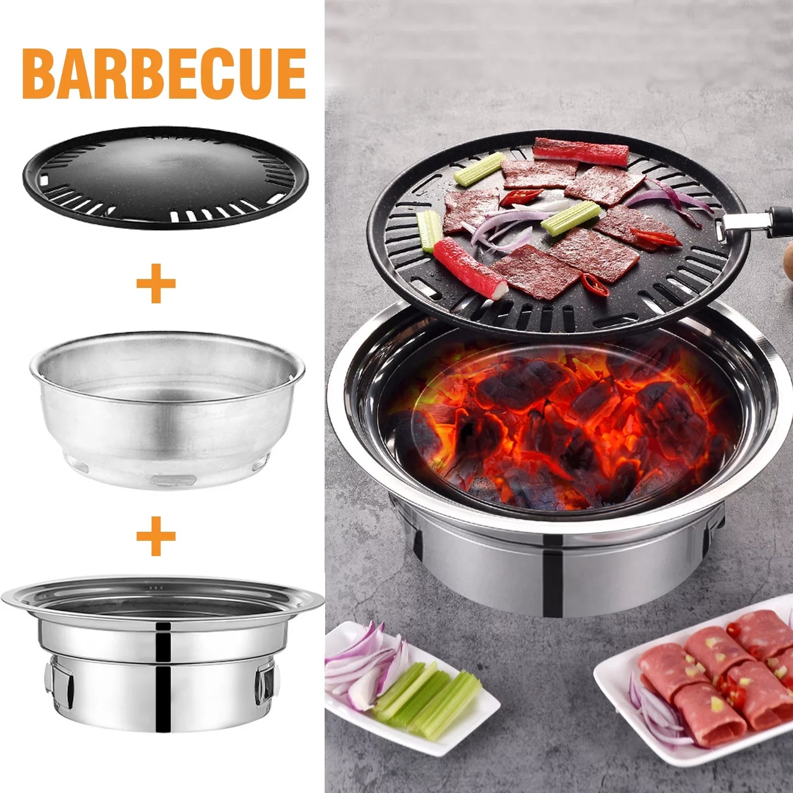 BBQ Charcoal Grill, Portable Household Korean Grill, Smoker Grill Non-stick Round Carbon Barbecue Grill Camping Grill Stove for Outdoor, Indoor and Picnic