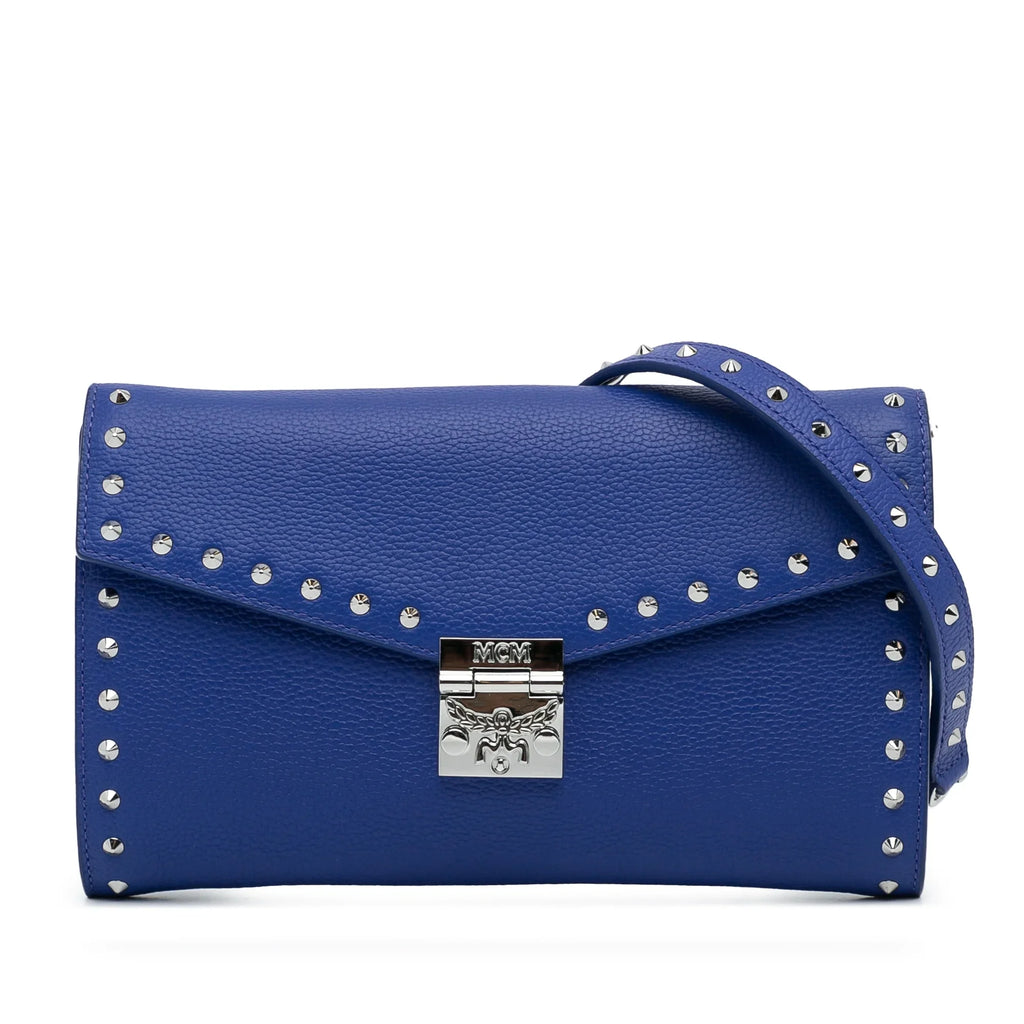 Pre-Owned Authenticated MCM Studded Patricia Wallet on Chain Calf Leather Blue Crossbody Bag Unisex (Good)